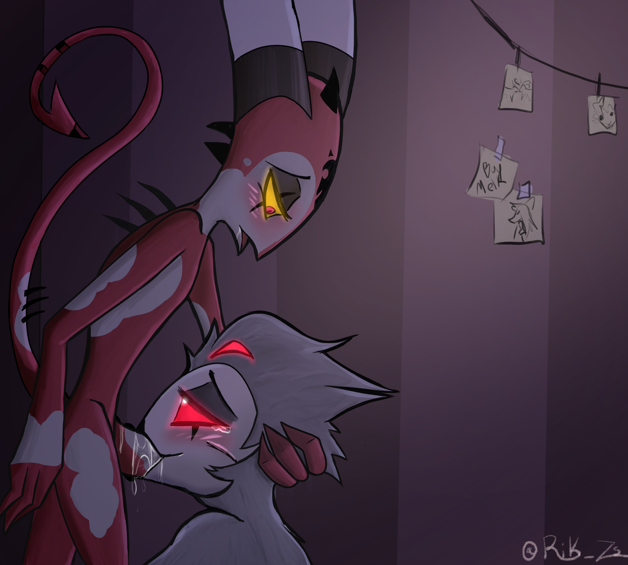 artist request, avian, beak, bird, blitzo (helluva boss), blush, demon, feathers, fellatio, grey feathers, half-closed eyes, helluva boss, horns, imp, male, male only, owl, owl demon, penis, red body, red eyes, red skin, rik zs, stolas (helluva boss), yaoi, yellow sclera