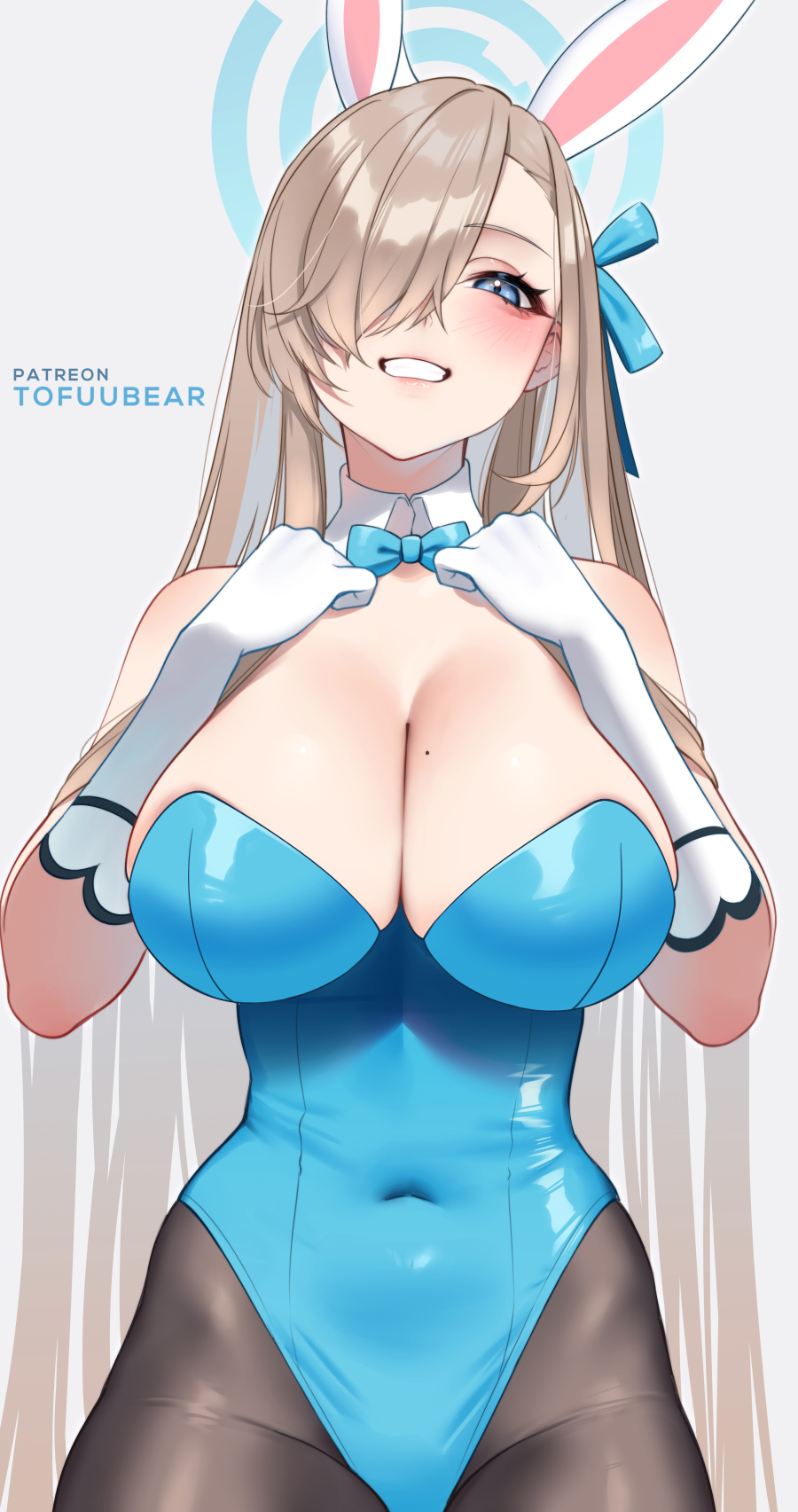 1girls, absurdly long hair, asuna (blue archive), asuna (bunny) (blue archive), bangs over one eye, big breasts, blonde hair, blue archive, blue eyes, blue halo, blue leotard, breasts, bunny ears, bunny girl, bunnysuit, cleavage, female, female only, gloves, halo, large breasts, leotard, long hair, looking at viewer, mole on breast, pantyhose, solo, solo female, solo focus, thick thighs, tofuubear, very long hair, white gloves, wide hips