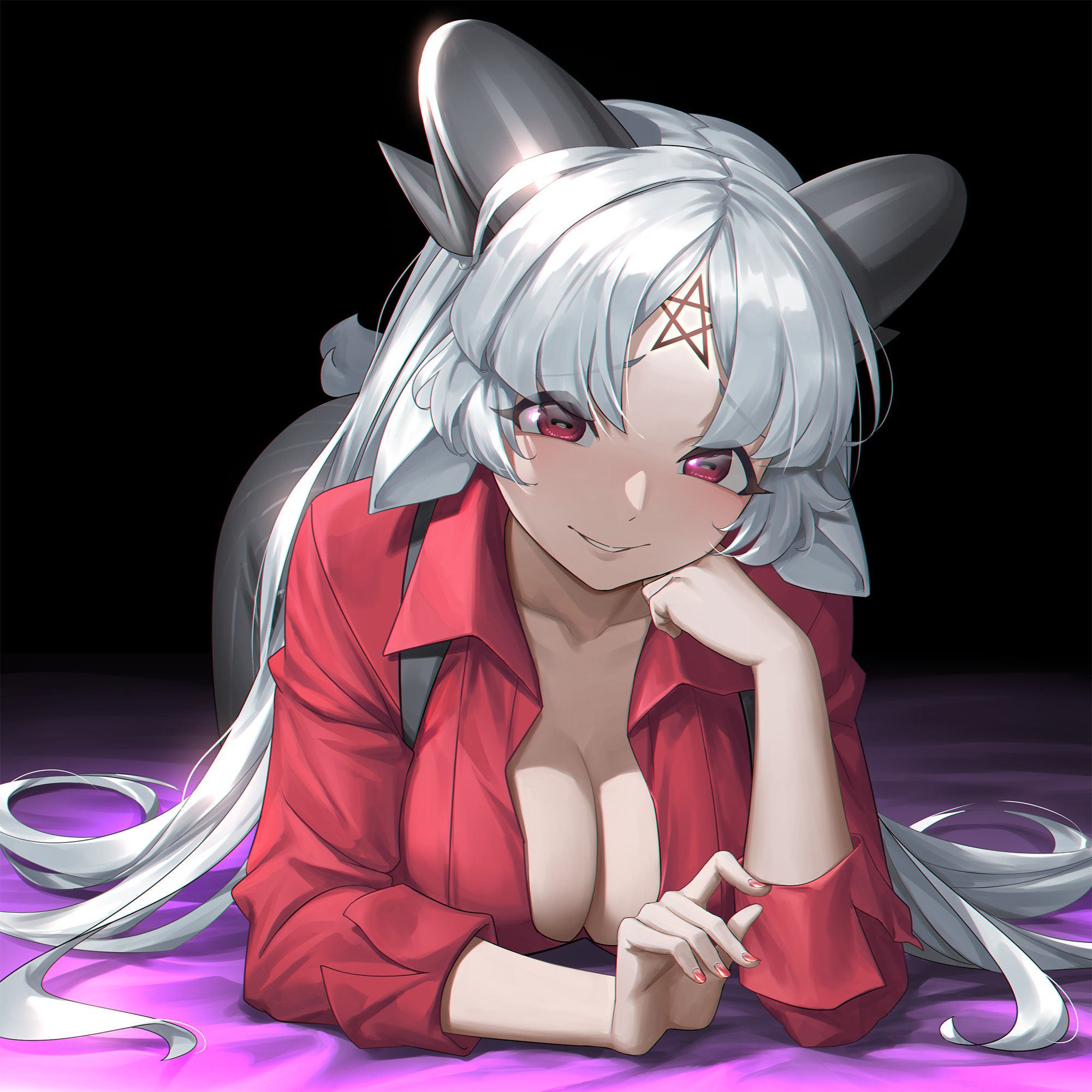 1girls, all fours, animal ears, bangs, baphomet (grizz), black background, borrowed character, breasts, cleavage, demon, demon girl, eyebrows visible through hair, facial mark, fan character, female, forehead mark, goat ears, goat horns, head rest, helltaker, highres, horizontal pupils, horns, large breasts, long hair, looking at viewer, nail polish, original, original character, parted bangs, parted lips, red eyes, red nails, silver hair, simple background, smile, solo, sunkilow, tail