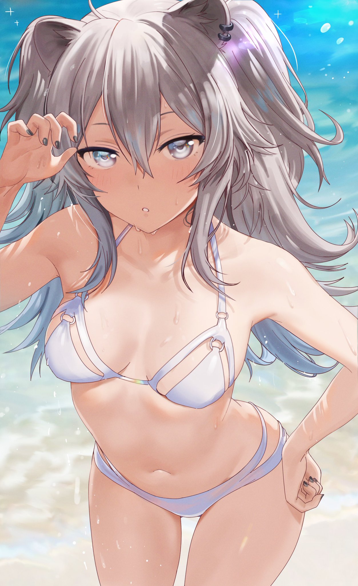 beach, beach background, belly button, black nails, clothed, fingernails, hand on hip, highres, hololive, hololive gen 5, hololive japan, lion ears, looking at viewer, medium breasts, nail polish, seicoh, shiny skin, shishiro botan, silver eyes, silver hair, sweat, swimsuit, swimwear, thick thighs, virtual youtuber, white eyes, white hair