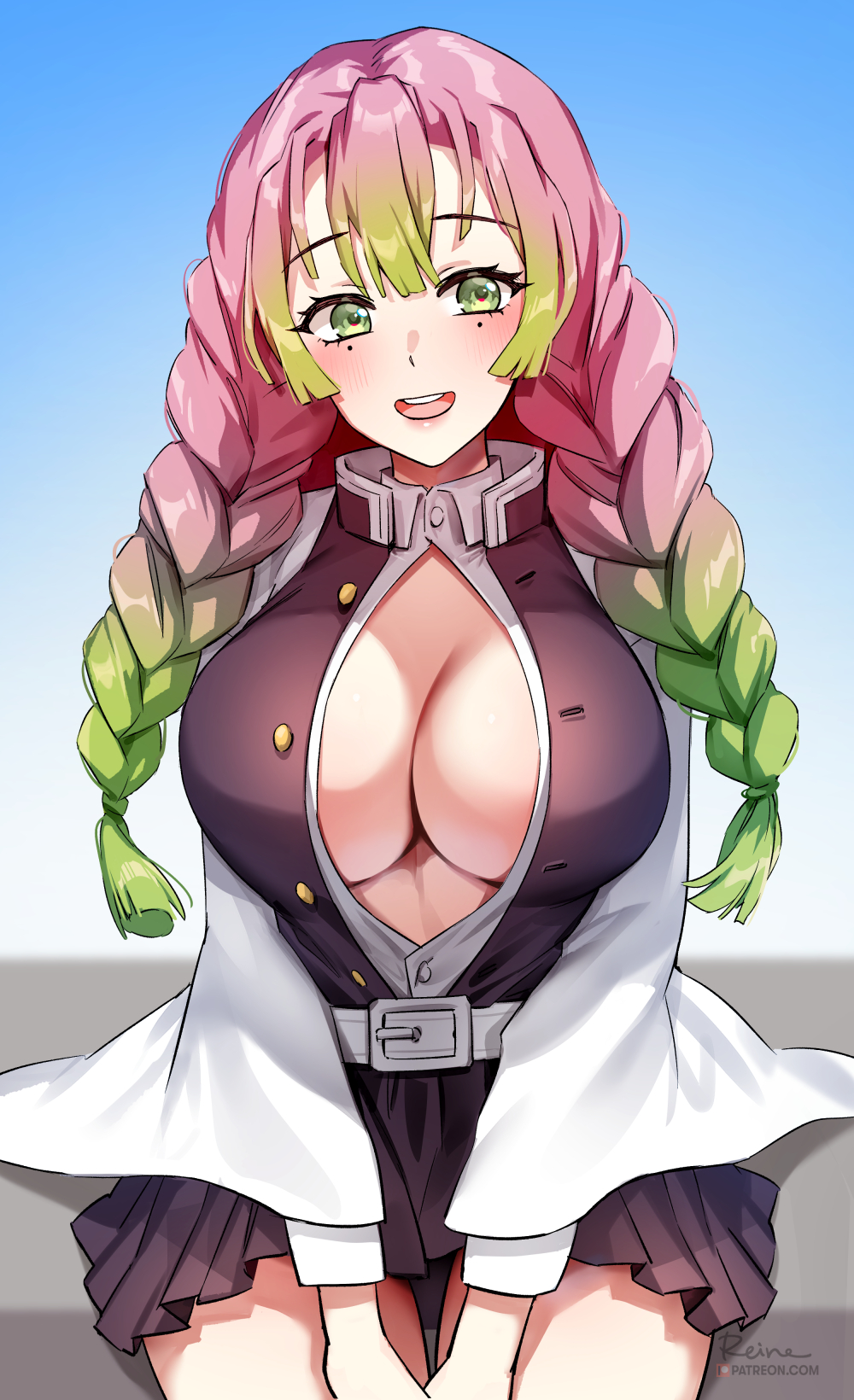 1girls, anime style, bangs, big breasts, blush, braided hair, breasts, cleavage, demon slayer, female, female only, foxy rain (foxyreine), foxyrain (foxyreine), foxyreine, green eyes, haori, kanroji mitsuri, kimetsu no yaiba, long hair, mole under eye, no bra, open mouth, open shirt, pink hair, pink-haired female, pleated skirt, sitting, smile, solo, two-tone hair, unbuttoned shirt