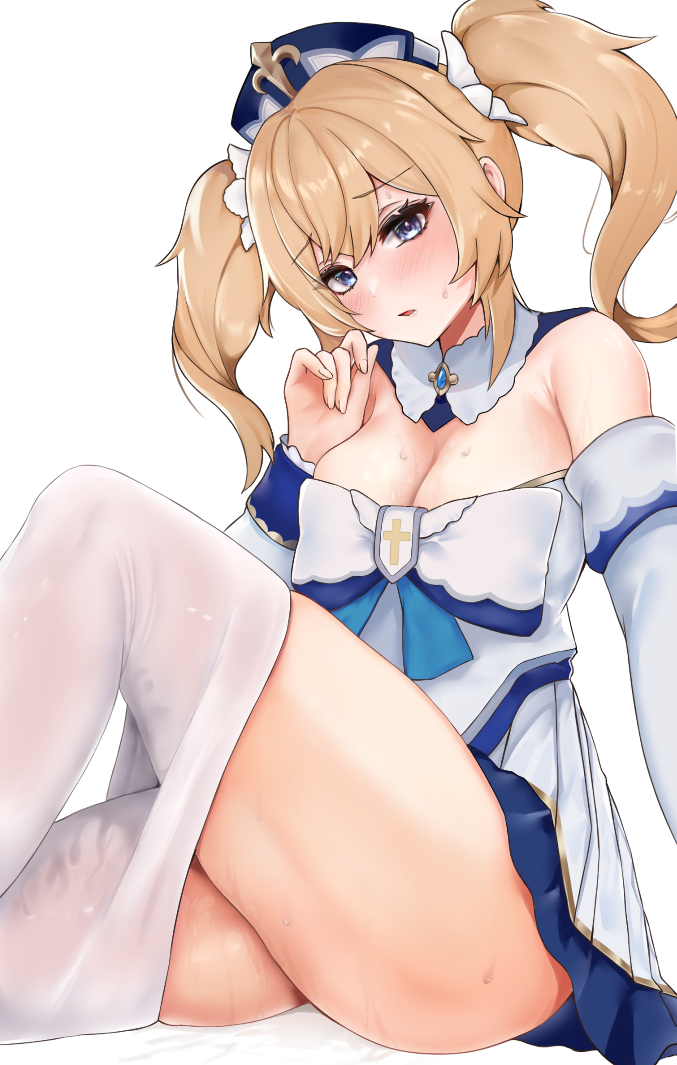 1girls, barbara (genshin impact), blonde hair, blue eyes, blush, breasts, cleavage, clothing, dress, female, genshin impact, hi res, large breasts, looking at viewer, nun, pantyhose, pantyhose pull, sweat, thick thighs, twintails, white legwear