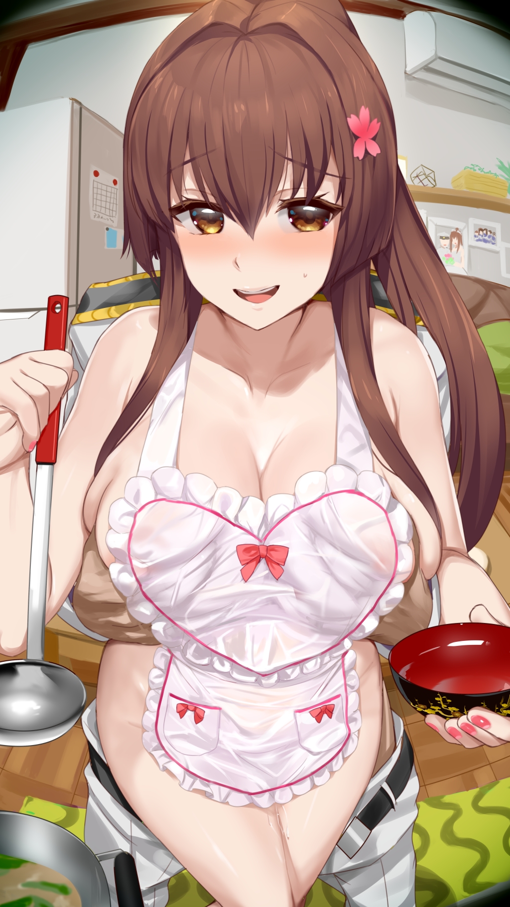 1boy 1girls admiral_(kantai_collection) ambiguous_penetration apron big_breasts blush breast_grab brown_eyes brown_hair cleavage cooking detailed_background faceless_male female female_focus flower_in_hair grabbing_from_behind groping groping_from_behind housewife implied_sex kantai_collection kitchen kusaka_souji ladle long_hair looking_at_viewer naked_apron pants_down ponytail sidelocks smile stepford_wife stepfordization sweatdrop yamato_(kantai_collection)