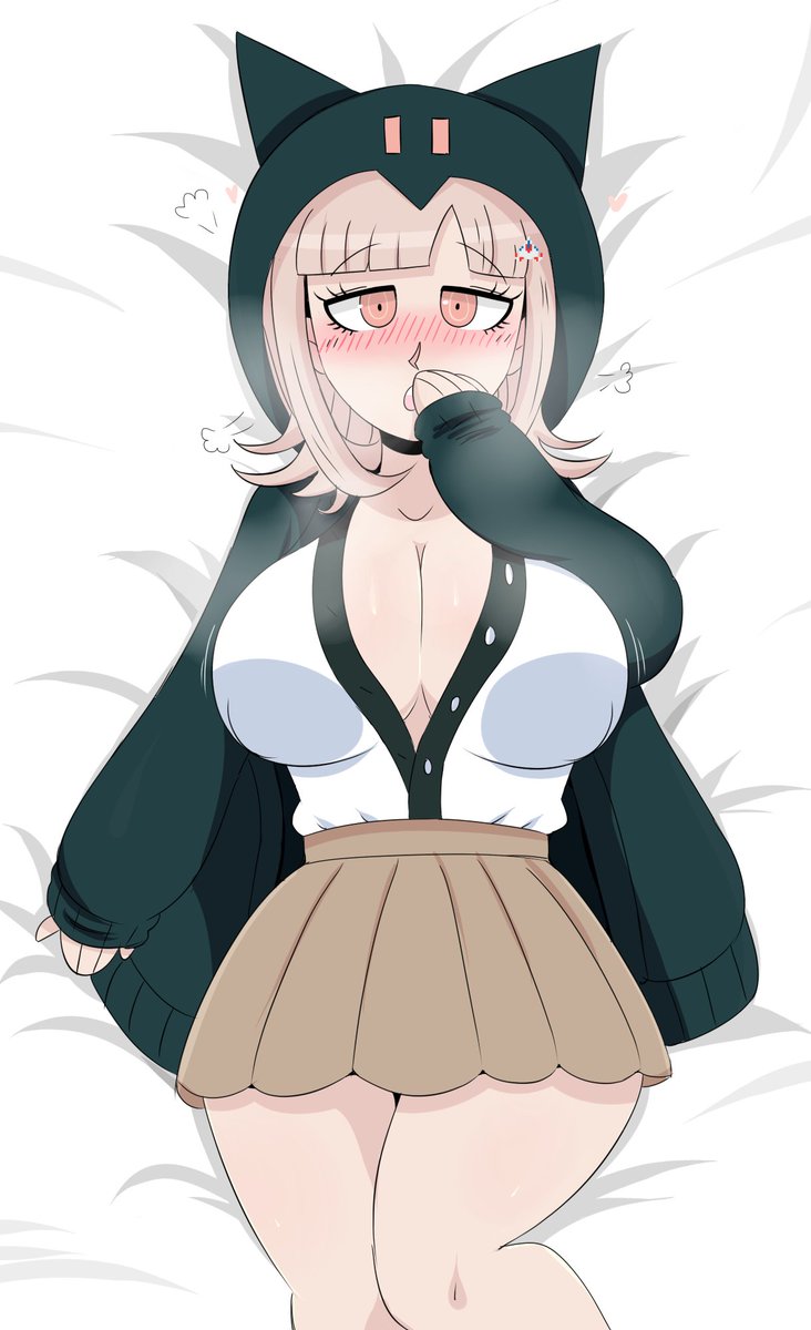 bed, bed sheet, blush, breast jiggle, breasts, danganronpa, danganronpa 2: goodbye despair, female, jinu, large breasts, nanami chiaki, skirt, solo, straight hair, thick thighs, wide hips