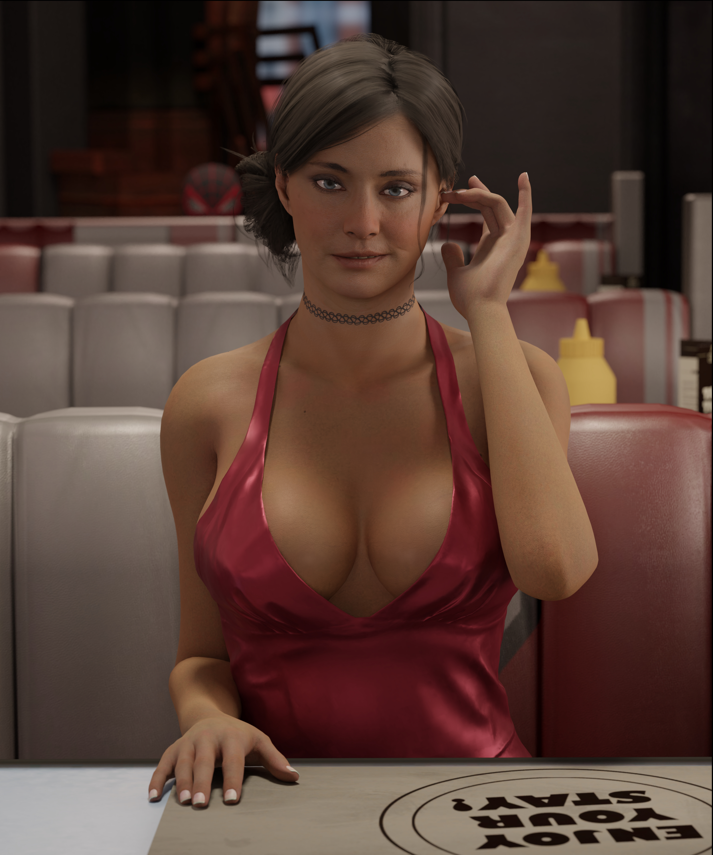 1boy, 1girls, 3d, black hair, blue eyes, breasts, choker, cleavage, diner, dress, emberstock, female, insomniac games, large breasts, latina, looking at viewer, male, marvel, marvel comics, milf, pov, rio morales, rio morales (insomniac), smile, solo focus, sony interactive entertainment, spider-man (ps4), spider-man (series), spider-man: miles morales (ps5), tan skin, unseen male face