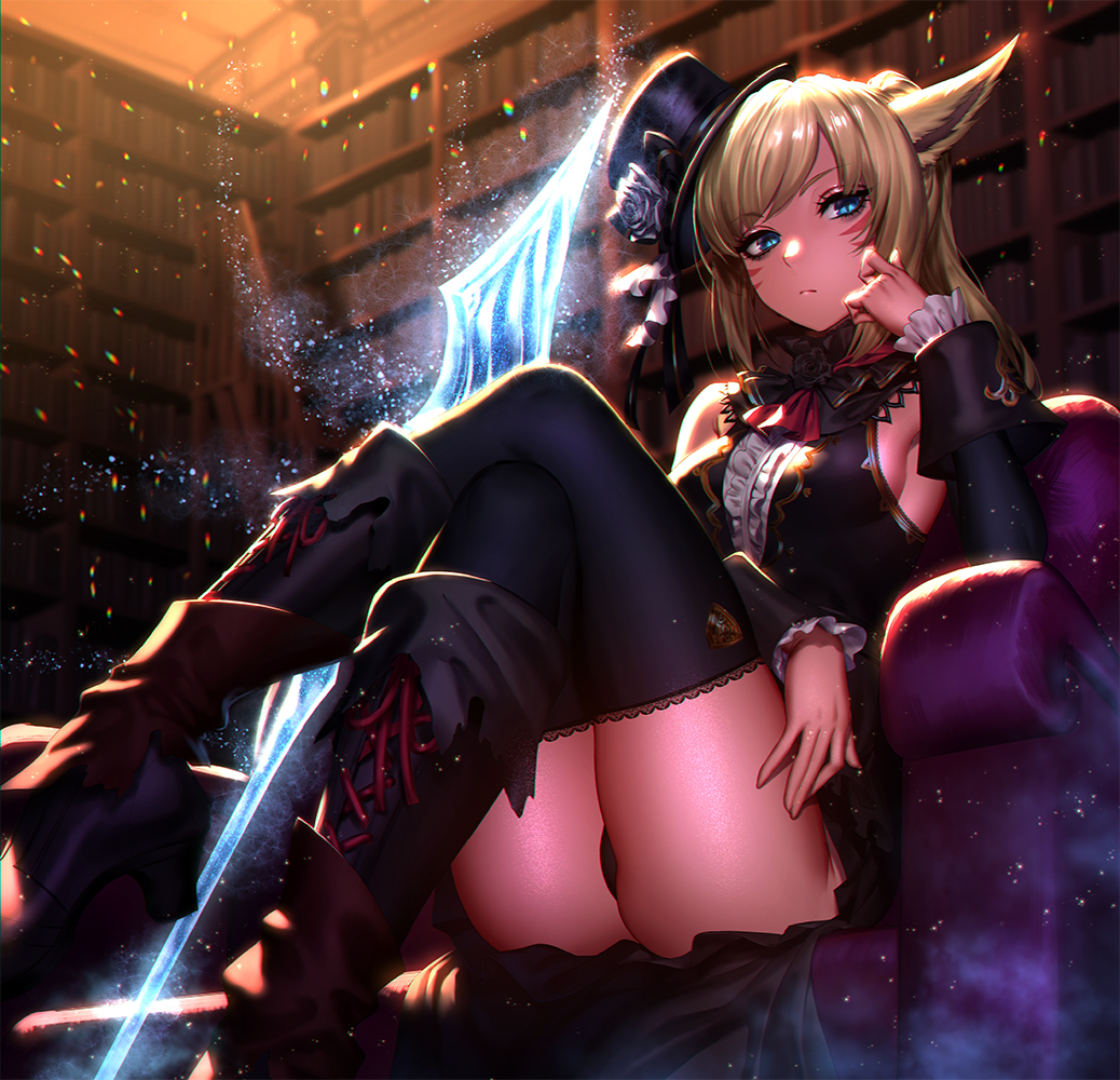 1girls, arrogant, black panties, blonde hair, blue eyes, boots, cat girl, catgirl, crossed legs, dark blonde, dark blonde hair, dirty blonde hair, eatora, female, final fantasy, final fantasy xiv, high heel boots, image, miqo'te, panties, solo