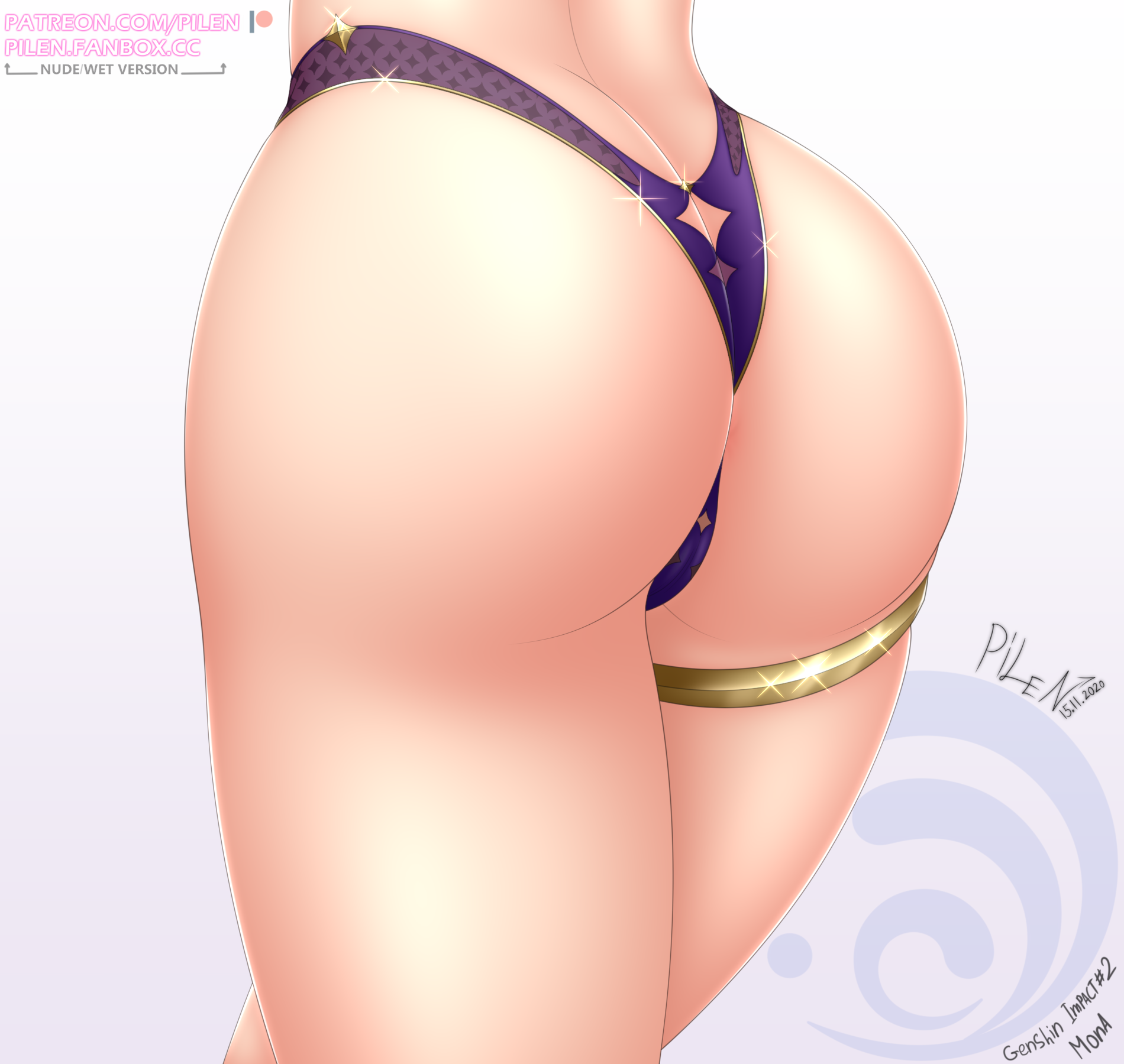 1girls, ass, ass focus, big ass, clothed, clothing, female, female only, genshin impact, light skin, light-skinned female, mona (genshin impact), panties, pilen, simple background, solo, tagme, thick thighs, thong