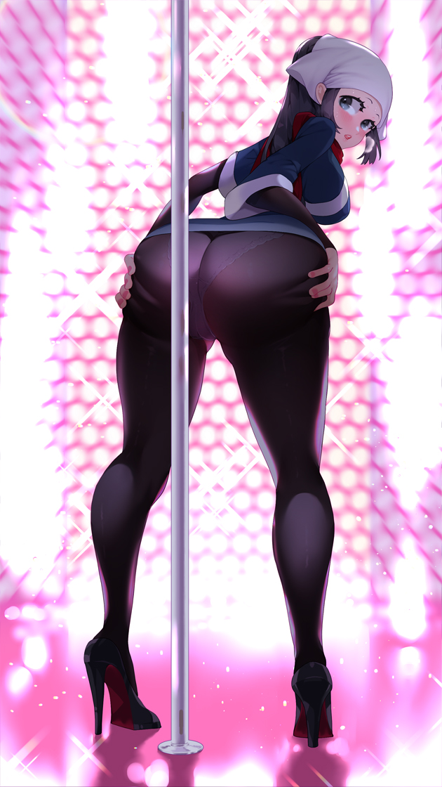 1girls akari_(pokemon) ass big_ass big_breasts big_butt blue_eyes breasts female grabbing_own_ass high_heels looking_back nintendo pokemon pokemon_legends:_arceus pole_dancing solo standing sumisumii tight_clothing