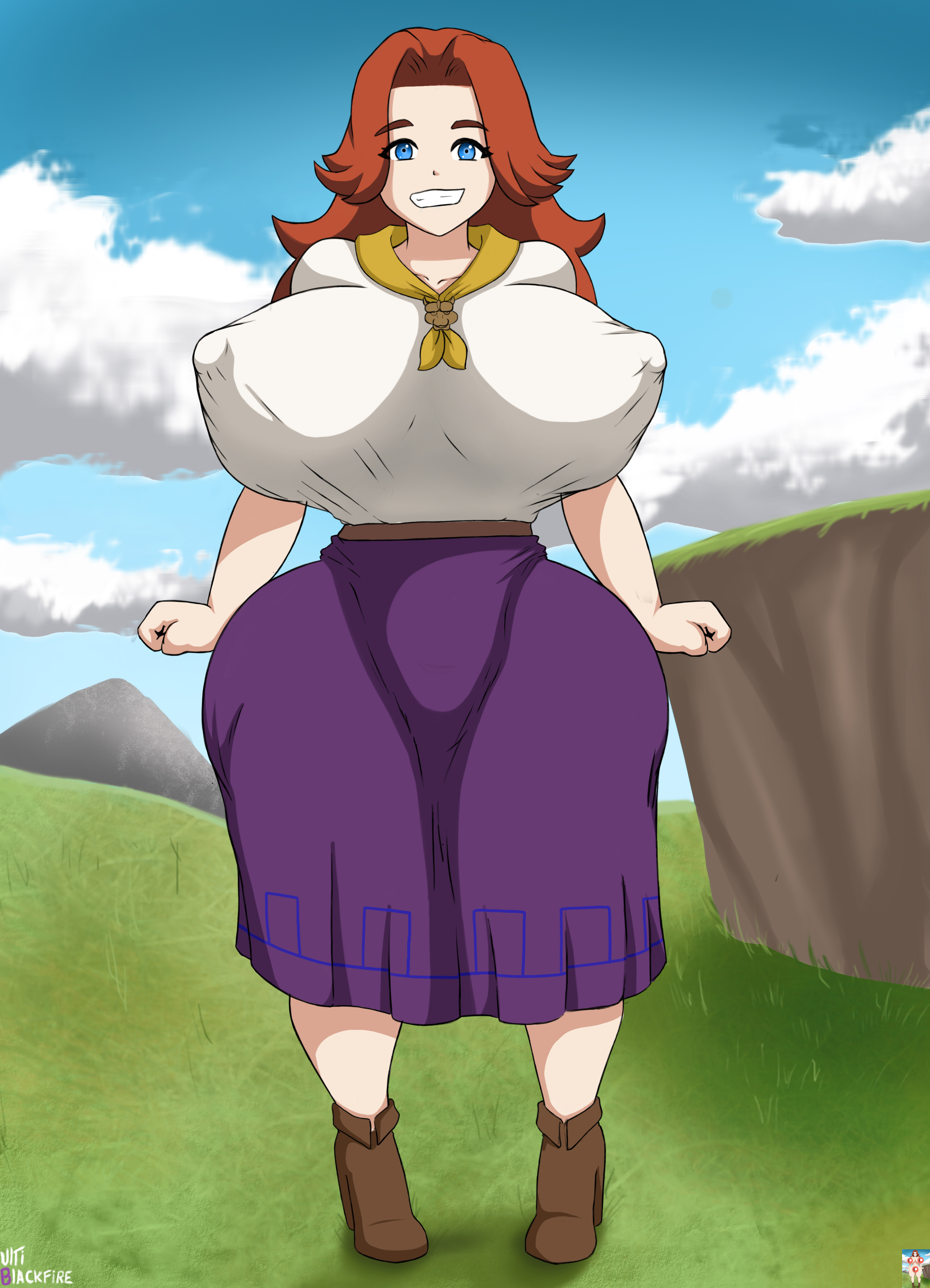1girls, alternate breast size, ascot, bent wrist, big breasts, big nipples, blue eyes, breasts, female, female only, high heel boots, high heels, huge breasts, light skin, light-skinned female, long hair, malon, nintendo, nipple bulge, ocarina of time, patreon, red hair, small waist, smile, solo, the legend of zelda, thick thighs, ultiblackfire, voluptuous, wide hips