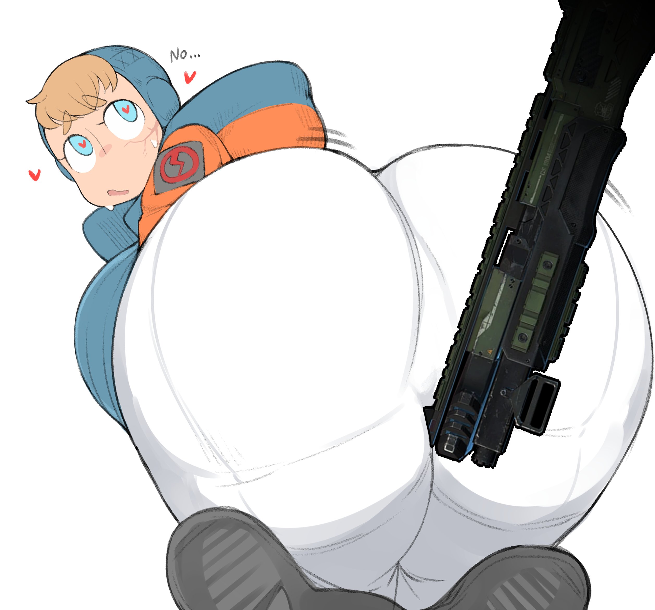 1girls, apex legends, ass, big ass, big breasts, big butt, blonde hair, blue eyes, bodysuit, breasts, cham22, chamchami, cute, female, gun, heart-shaped pupils, huge ass, huge breasts, improper handing of a firearm, large ass, lichtenberg figure, looking back, scar, short hair, text, thick thighs, thighs, wattson (apex legends), white background
