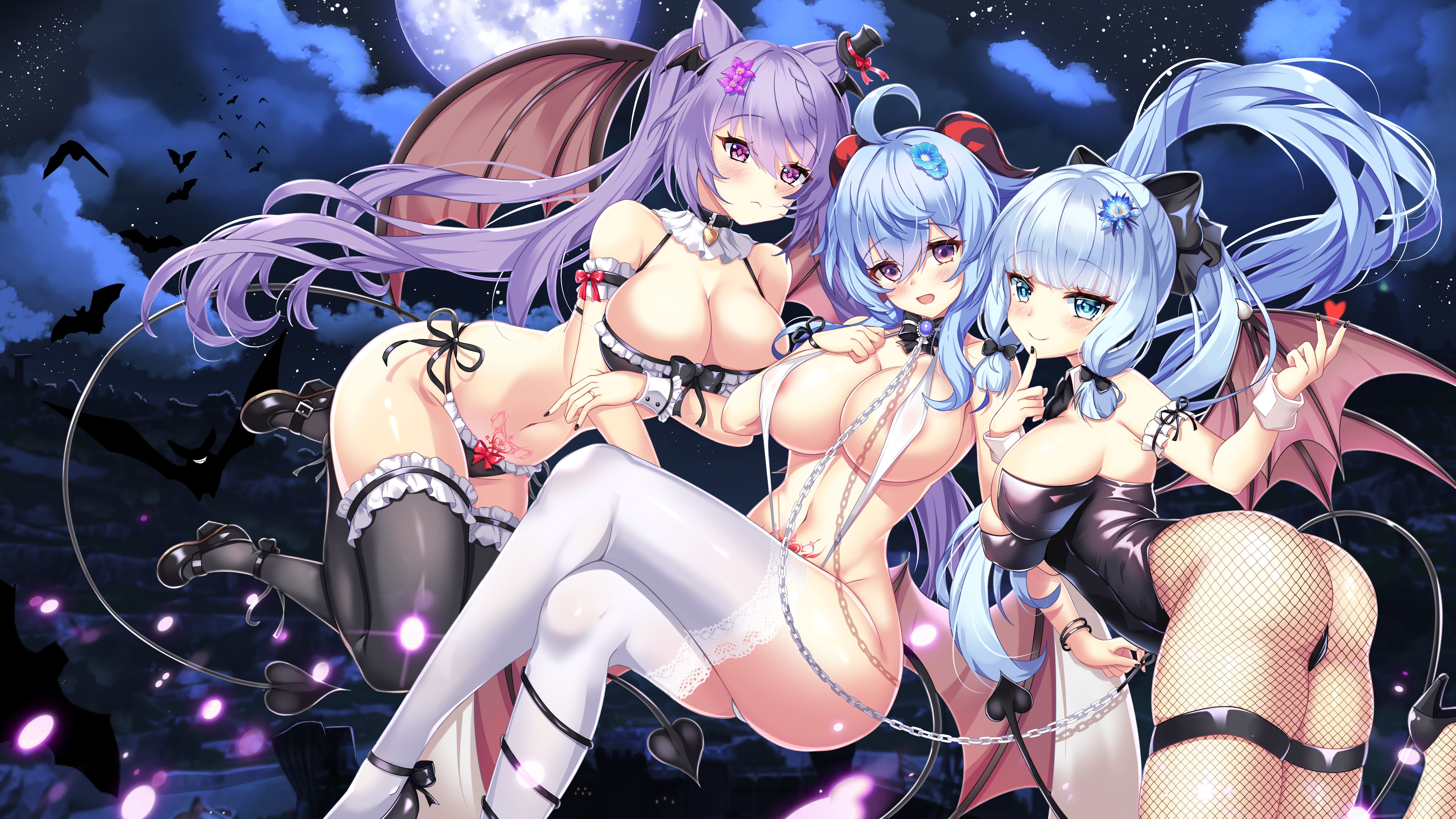 3girls, ass, blush, bra, breasts, cleavage, crossed legs, demon, demon girl, demon tail, female, female only, fishnet stockings, fishnets, full moon, ganyu (genshin impact), genshin impact, heart, hi res, horn, horns, kamisato ayaka, keqing (genshin impact), large breasts, leotard, multiple females, multiple girls, night, panties, ponytail, sling bikini, smile, thighhighs, tia (4017342), twintails, underwear