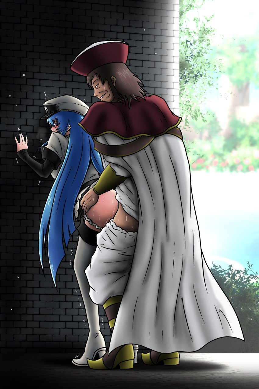 1boy, 1girls, age difference, akame ga kill!, blue eyes, blue hair, blush, clothed sex, esdeath (akame ga kill!), female, from behind, high heel boots, male, sex, sex from behind, standing, standing sex, tasuro kuzuha, thigh boots, trembling
