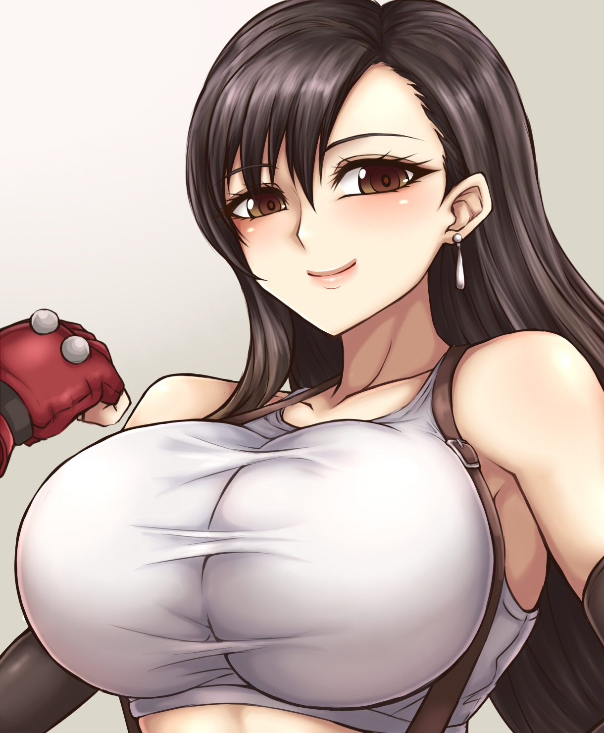 1girls, beruzumi-m, big breasts, breasts, female, final fantasy, final fantasy vii, fingerless gloves, gloves, huge breasts, large breasts, long hair, sweat, tifa lockhart, tight clothing, upper body
