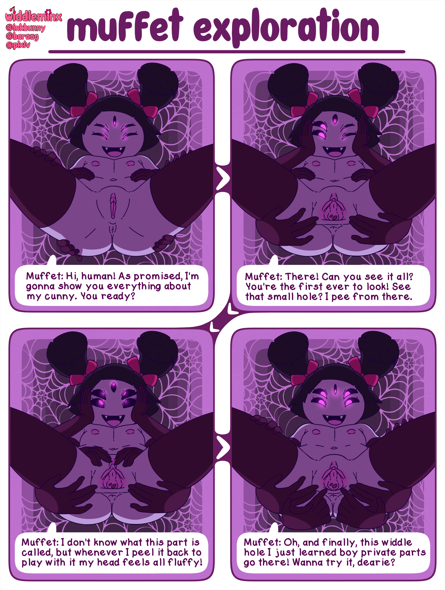 1girls, 2020, 4koma, 5 eyes, 6 arms, anus, arachnid, arachnid humanoid, arthropod, ass, breasts, clitoris, clothing, comic, completely naked, completely naked female, completely nude, completely nude female, cub, dialogue, dirty talk, english, english text, fangs, female, female cub, female humanoid, female only, first person view, flat chest, flat chested, genitals, gloves, gloves only, hi res, humanoid, humanoid female, humanoid only, hymen, legwear, long gloves, mostly nude, muffet, multi arm, multi eye, naked, naked female, nipples, nude, nude female, open mouth, pink eyes, presenting, presenting anus, presenting hindquarters, presenting pussy, purple body, purple skin, pussy, ribbon, ribbons, small breasts, solo, solo female, solo humanoid, speech bubble, spider, spider girl, spread legs, spread pussy, spreading, spreading pussy, stockings, text, thigh highs, true flat chest, undertale, undertale (series), urethra, url, video games, virgin, web (disambiguation), widdleminx, young, young female, young humanoid
