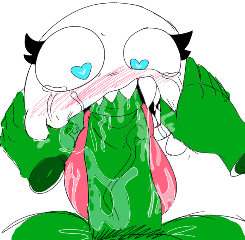 anon, anthro, blowjob, blush, blushing profusely, bodily fluids, boo (mario), fellatio, ghost, green body, green penis, heart eyes, heart-shaped pupils, human, humanoid penis, male, mario (series), penis, pov, sharp teeth, spirit, toothy fellatio