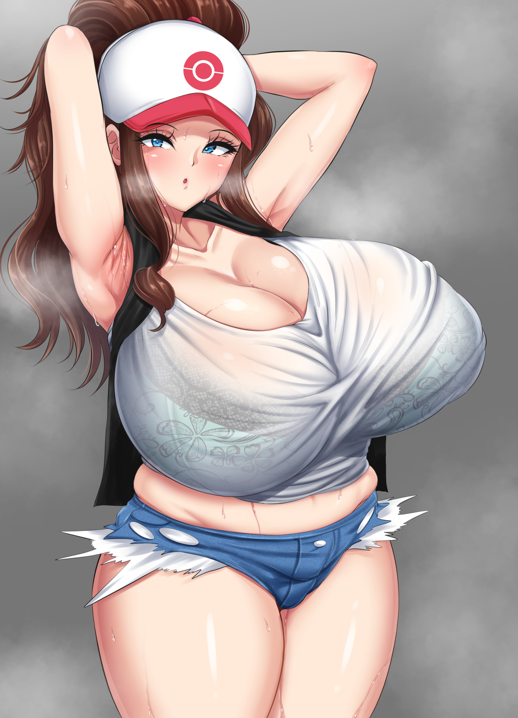 1girls, 2000mitrasi, alternate breast size, armpits, arms behind head, big breasts, breasts, brown hair, eye contact, female, hat, hilda (pokemon), huge breasts, large breasts, looking at viewer, nintendo, pokemon, pokemon bw, short shorts, shorts, solo, standing, sweat, tank top, thick thighs, thighs, thunderthighs, wide hips