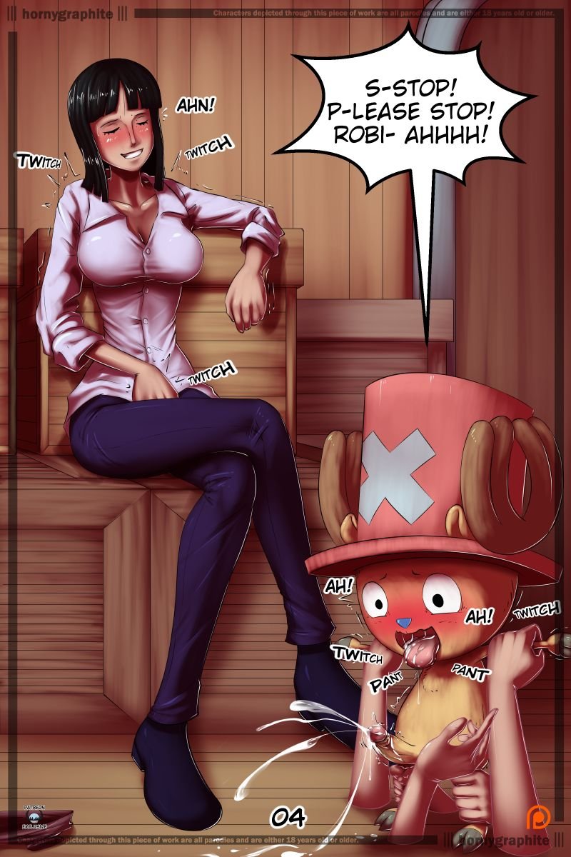 black hair, black-haired female, caress, caressing, female, female masturbation, hornygraphite, male, masturbation, nico robin, nude male clothed female, one piece, penis, pre-timeskip, straight, tony tony chopper