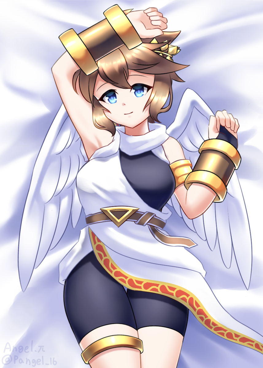 angel, angel wings, bed, bed sheet, bike shorts, blue eyes, breasts, brown hair, cherub, dakimakura, datensip, female, genderswap, genderswap (mtf), highres, jewelry, kid icarus, kid icarus uprising, laurel crown, nintendo, pit, pit (kid icarus), rule 63, smile, thick thighs, thighs, wings