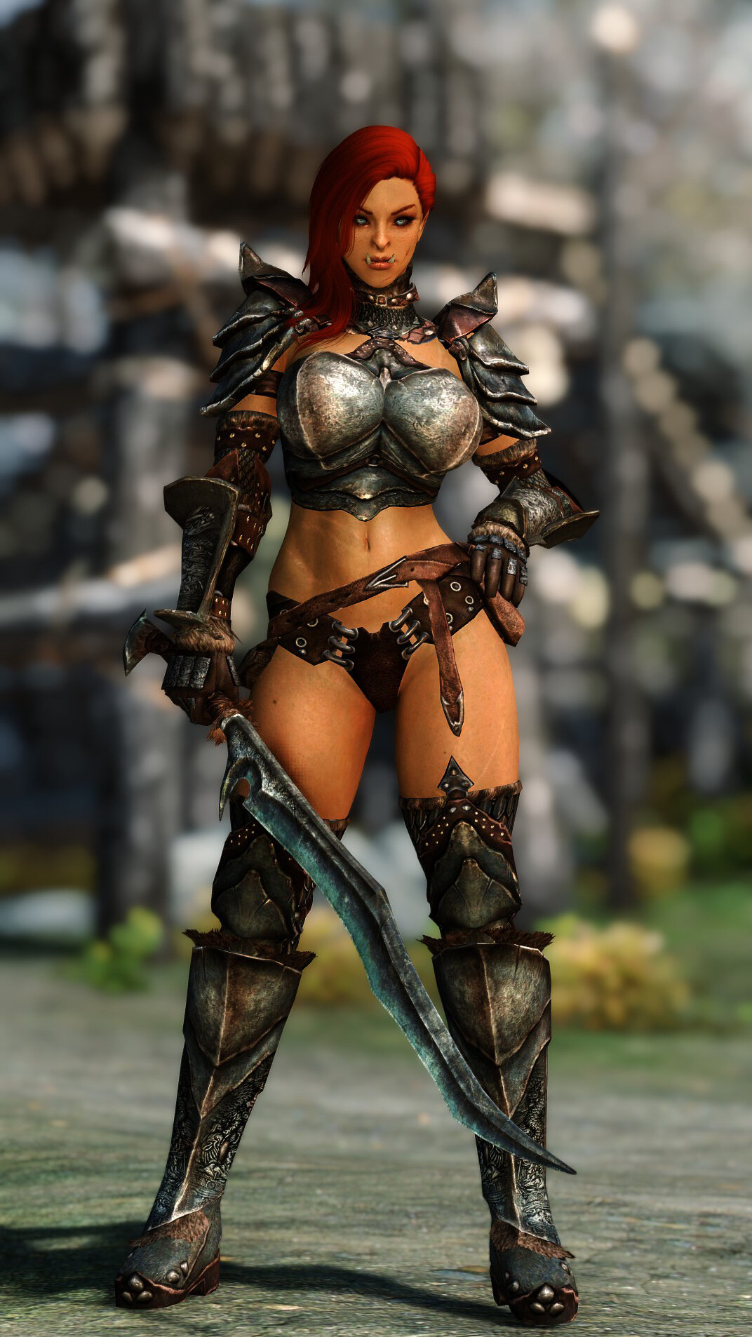 1girls, armor, bare midriff, bare thighs, big breasts, bikini armor, breasts, brown body, brown skin, dark skin, dark-skinned female, female, green body, green skin, kunjin gra-zob, looking at viewer, orc, orc female, orsimer, panties, pinup, pinup pose, red hair, skyrim, solo, sword, the elder scrolls, thighhighs, unconvincing armor