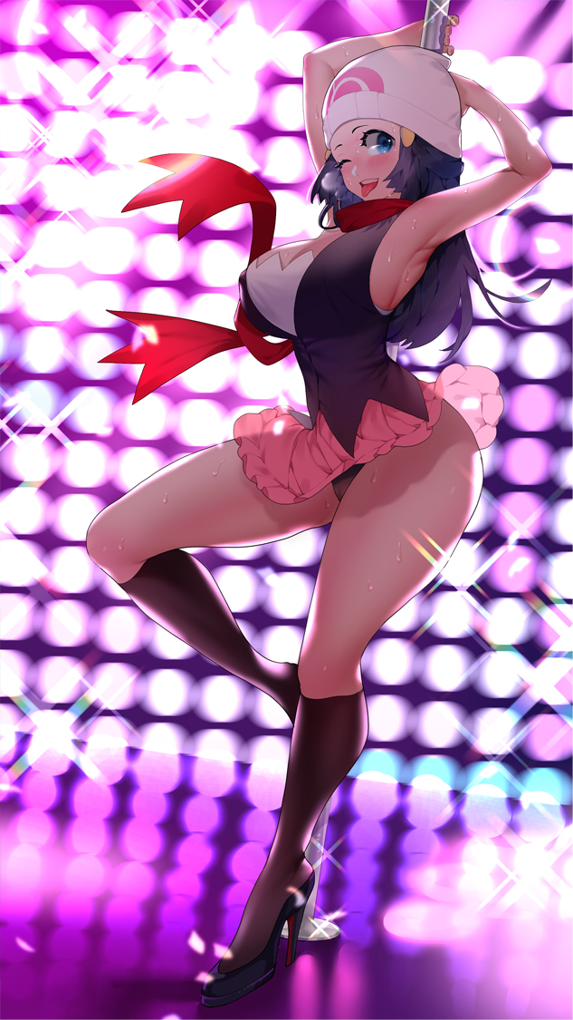 1girls armpits big_breasts blue_eyes blue_hair blush breasts dawn_(pokemon) eye_contact female high_heels long_hair looking_at_viewer microskirt nintendo one_eye_closed pokemon pokemon_dppt pole_dancing scarf skirt solo standing sumisumii thighs