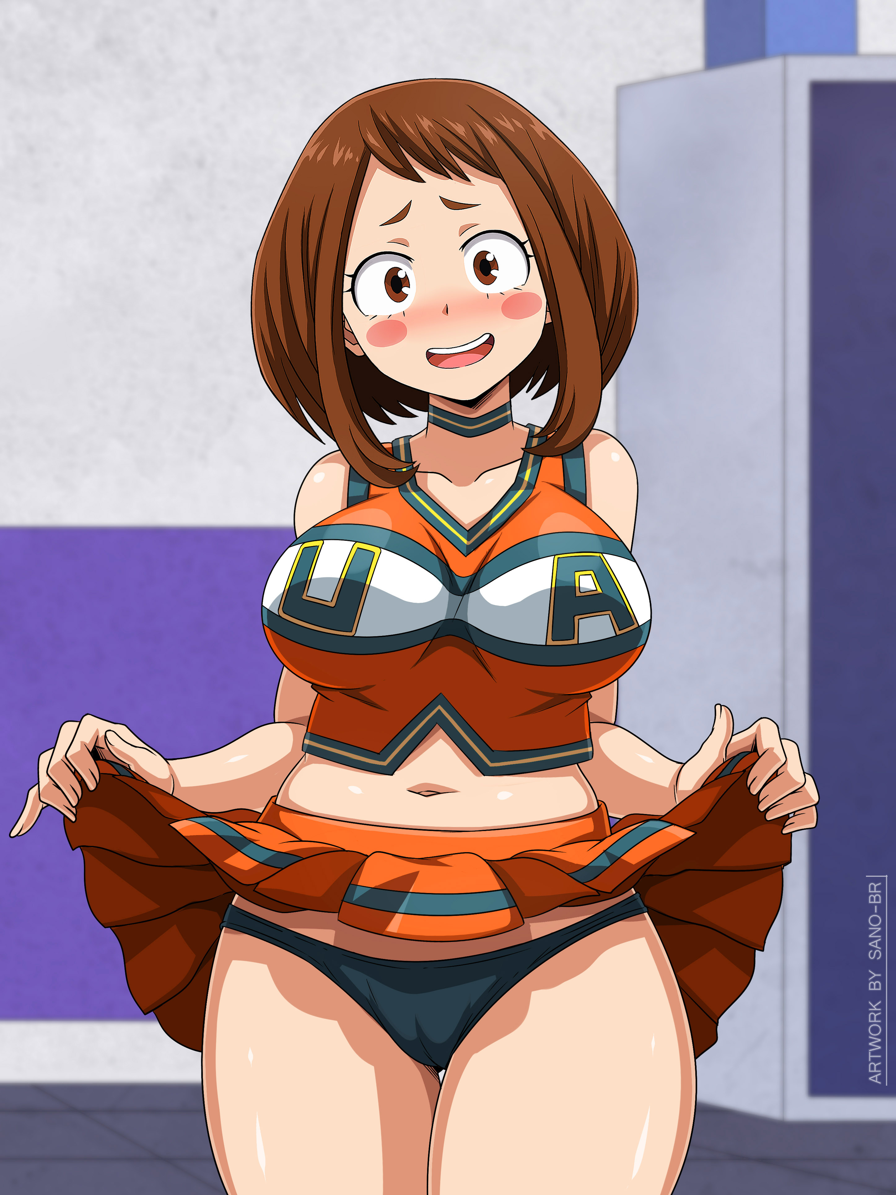 1girls, big breasts, blush, breasts, brown eyes, brown hair, brown-haired female, cheerleader, cheerleader uniform, female, miniskirt, my hero academia, ochako uraraka, panties, sano-br, short hair, skirt, skirt lift, solo, standing, thick thighs, thighs, u.a. school uniform