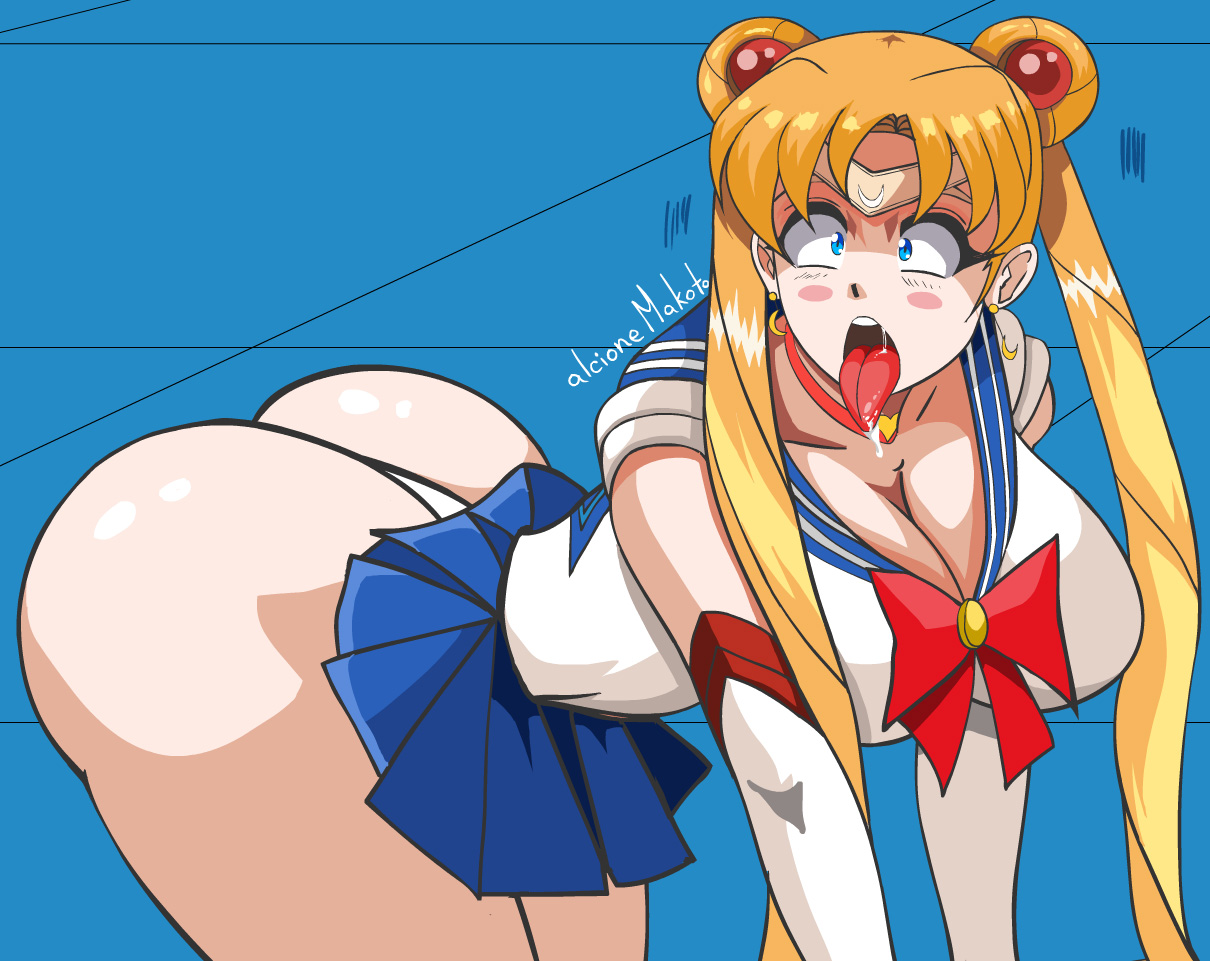 ahe gao, alcione, ass, big ass, big breasts, bishoujo senshi sailor moon, breasts, cleavage, clothing, curvy female, female, highres, huge thighs, large breasts, meme, sailor moon, sailor moon redraw challenge, saliva, skirt, thick thighs, thighs, thin arms, thin waist, tongue, tongue out, twintails, usagi tsukino