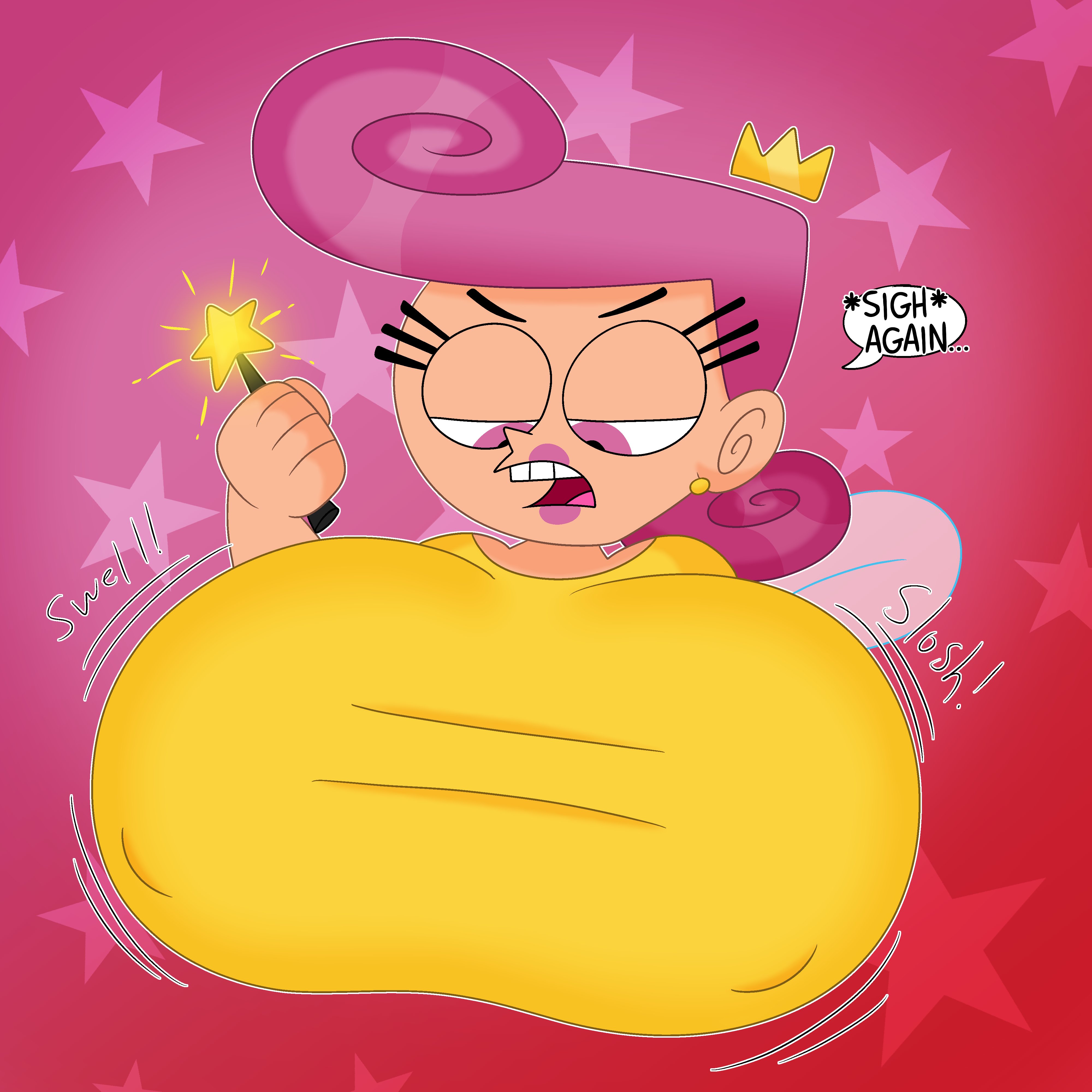 1girls, 3barts, angry, annoyed, breast expansion, breast growth, breast growth (enlargement), breasts, child bearing hips, clothed, clothing, dialogue, english text, expansion, fairy, fairy wings, female, female only, huge breasts, hyper breasts, large breasts, lipstick, magic, magic wand, nickelodeon, nipple bulge, pink eyes, pink hair, pink lipstick, solo, solo female, sound effects, speech bubble, straight hair, text, the fairly oddparents, upper body, wanda