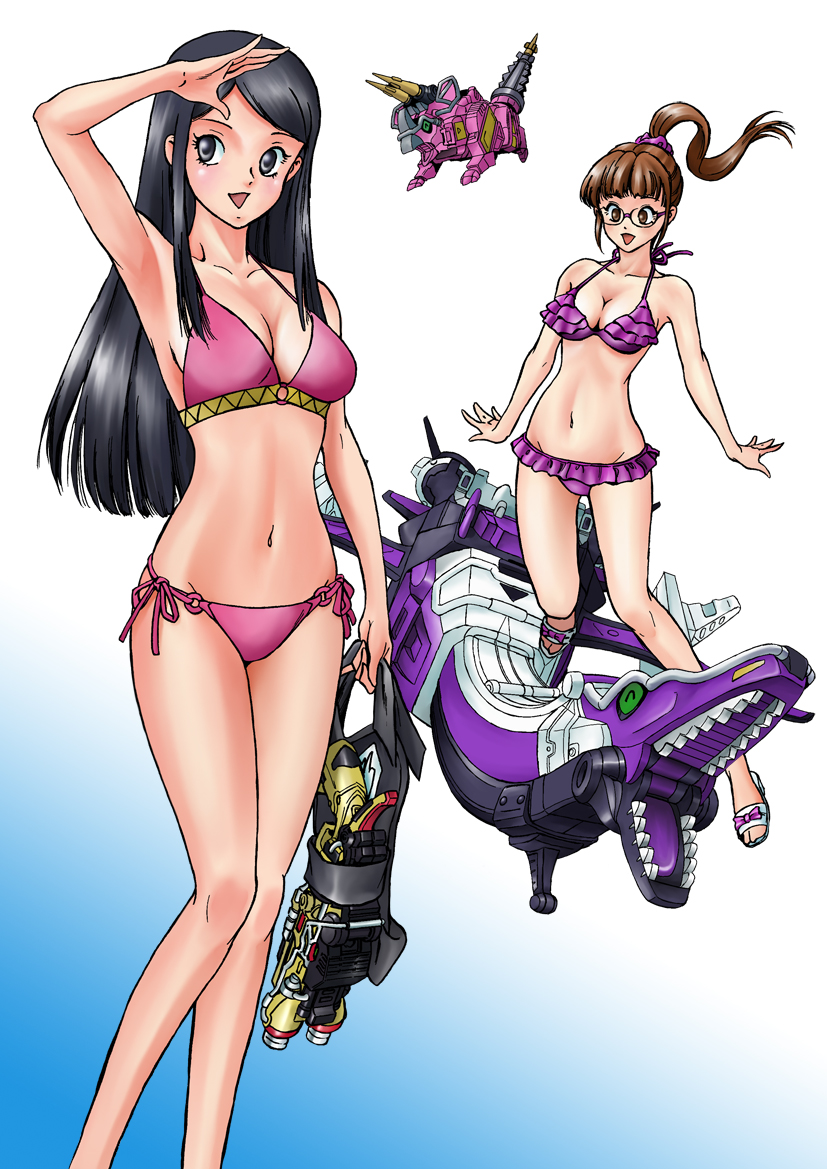 2girls amy_yuzuki bikini black_hair brown_eyes brown_hair iwa multiple_girls super_sentai swimsuit yayoi_ulshade zords zyuden_ryu zyuden_sentai_kyoryuger