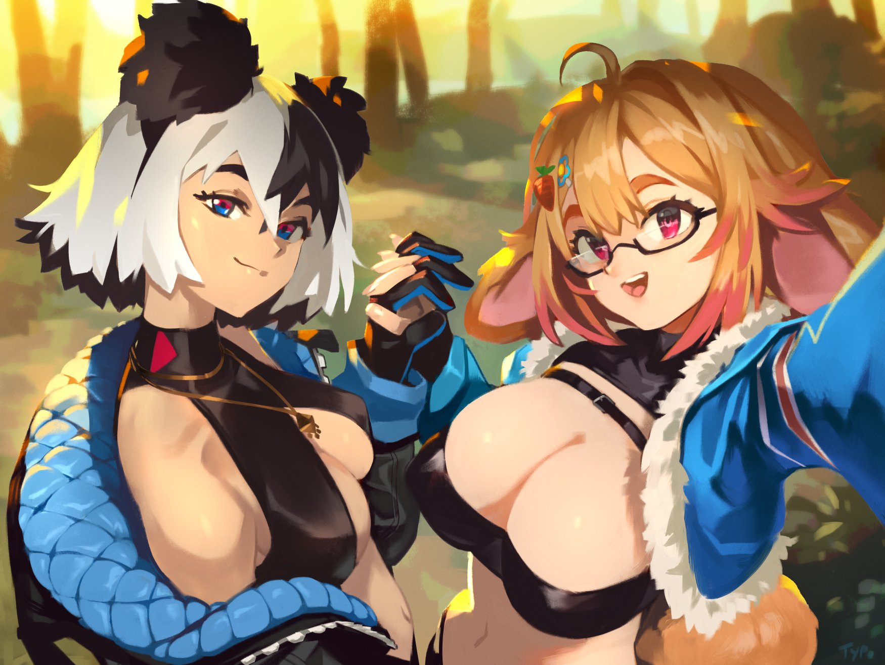2girls, admiral bahroo, big breasts, breasts, bunny gif, cleavage, female, female only, glasses, indie virtual youtuber, large breasts, looking at viewer, open mouth, optionaltypo, selfie, virtual youtuber