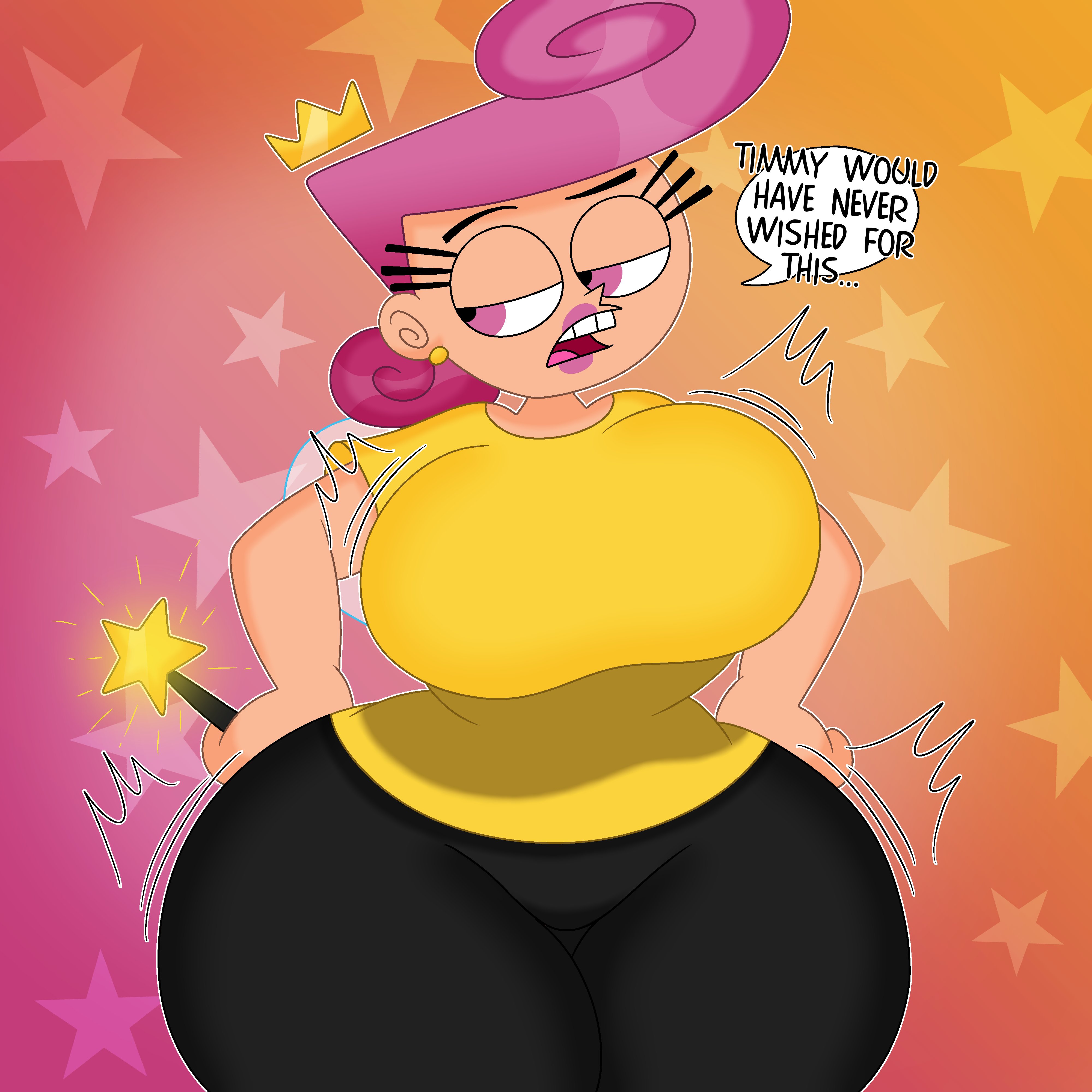 1girls, 3barts, annoyed, ass, ass visible through thighs, big ass, breast expansion, breast growth, breast growth (enlargement), breasts, child bearing hips, clothed, clothing, curvy, dialogue, english text, expansion, fairy, fairy wings, female, female only, hands on hips, huge ass, large breasts, lipstick, magic, magic wand, name drop, nickelodeon, pink eyes, pink hair, pink lipstick, solo, solo female, speech bubble, straight hair, text, the fairly oddparents, thick thighs, wanda, wide hips