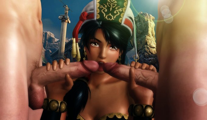 1girls 2boys bandai black_hair brown_eyes clothed_female_nude_male dark-skinned_female dark_skin double_handjob el_ratounador fellatio hetero interracial large_penis light_skin long_hair looking_at_viewer namco oral small_breasts soul_calibur talim threesome twintails