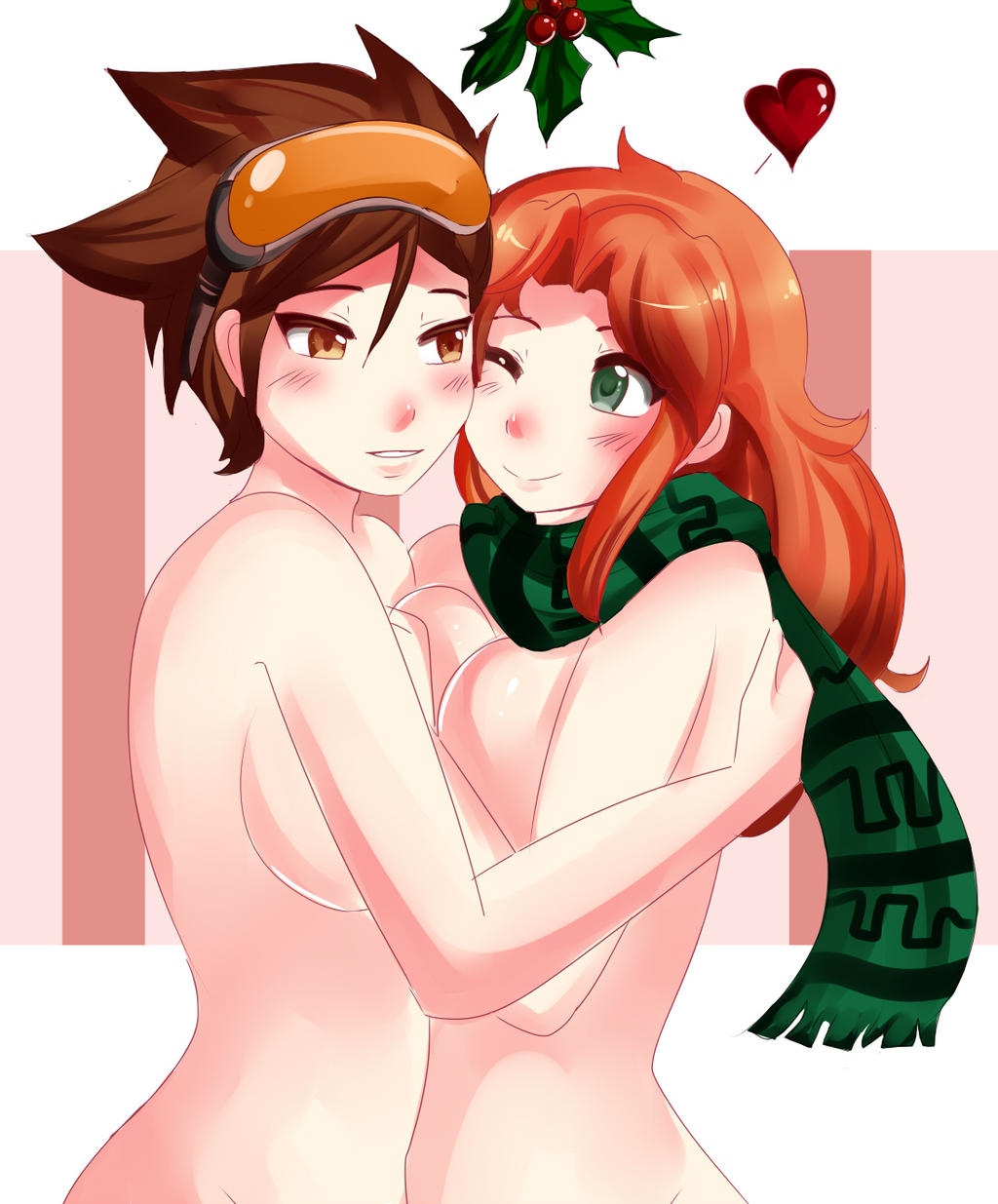 2girls breasts canon_couple emily_(overwatch) eyewear_on_head female female_only heart hug lusciousspiritstudio mistletoe multiple_girls overwatch overwatch_2 scarf smile topless tracer wife_and_wife yuri