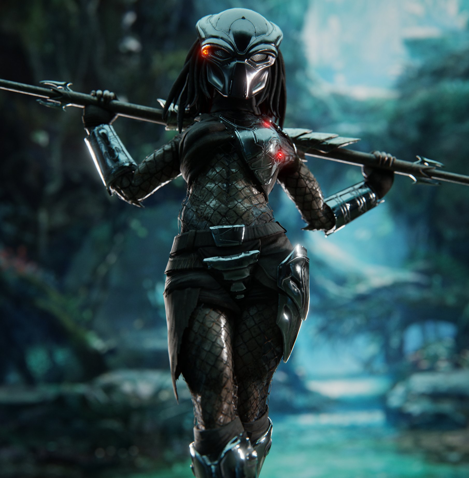 1girls, 3d, alien girl, female, female only, female yautja, helmet, llamasarepink, no humans, pose, predator (franchise), predator mask, solo, solo female, tagme, weapon, yautja