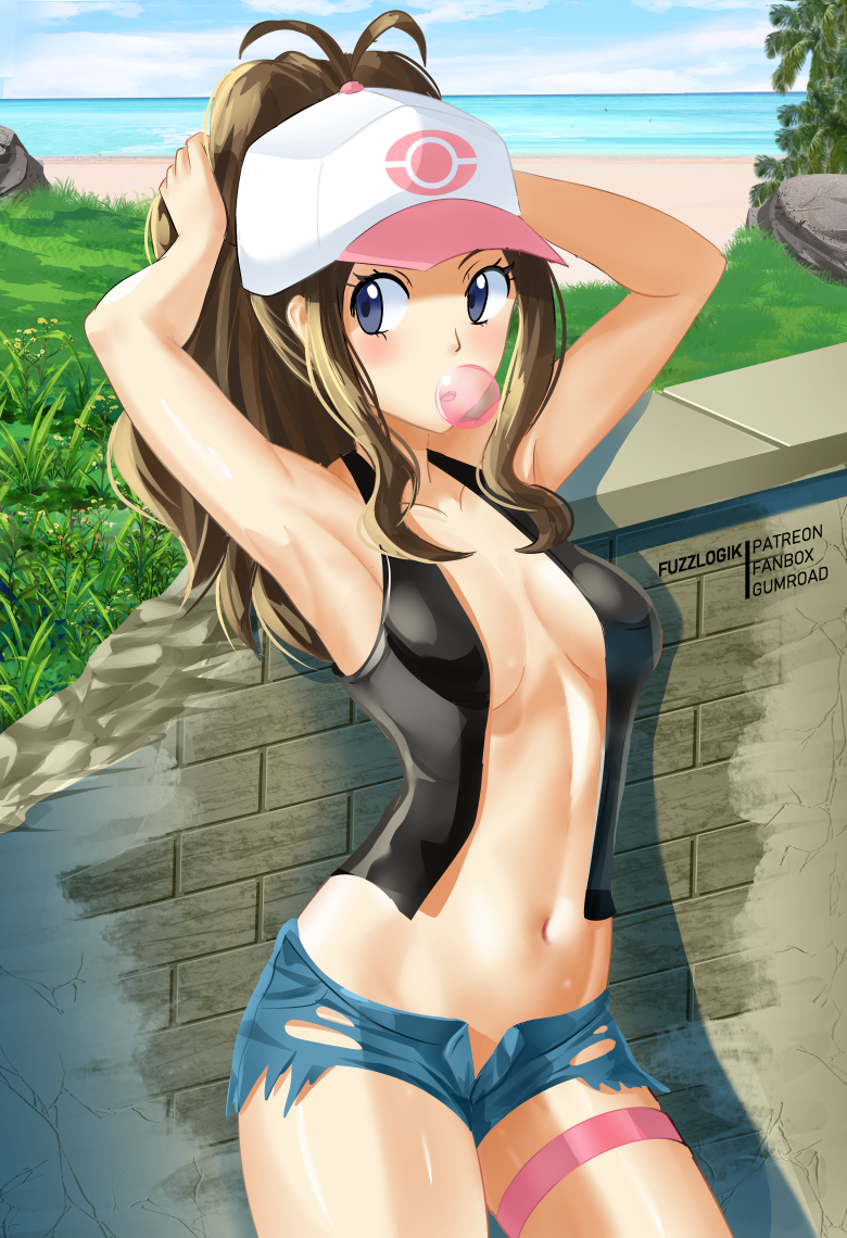 1girls armpits blue_eyes breasts brown_hair bubble_gum female fuzzlogik hat hilda_(pokemon) long_hair minishorts nintendo pokemon pokemon_bw shorts solo standing thighs