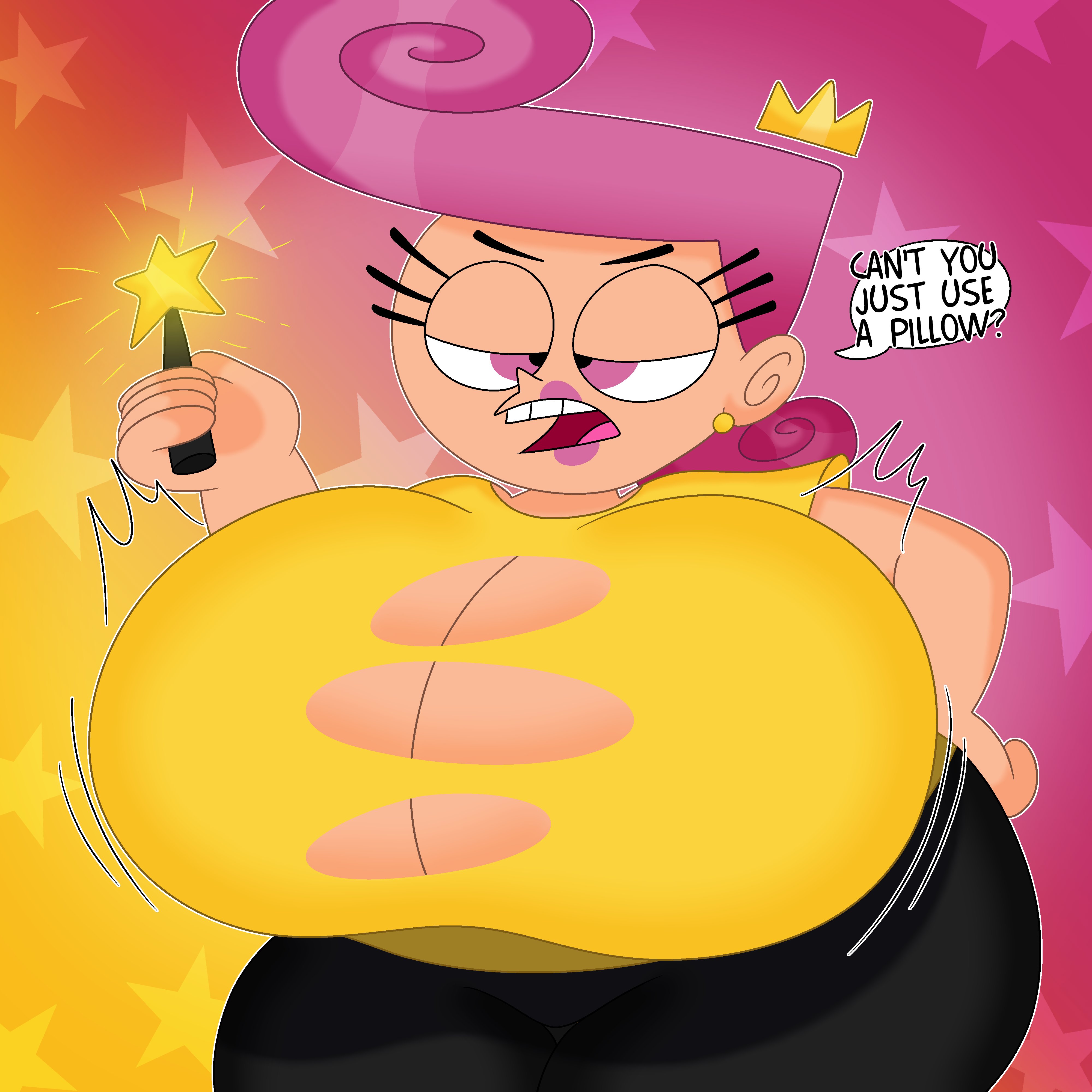 1girls, 3barts, angry, annoyed, ass, ass visible through thighs, big ass, breast expansion, breast growth, breast growth (enlargement), breasts, child bearing hips, cleavage, clothed, clothing, curvy, dialogue, english text, expansion, fairy, fairy wings, female, female only, hands on hips, huge ass, huge breasts, large breasts, lipstick, magic, magic wand, nickelodeon, no bra, pink eyes, pink hair, pink lipstick, ripped clothing, solo, solo female, speech bubble, straight hair, text, the fairly oddparents, thick thighs, wanda, wardrobe malfunction, wide hips