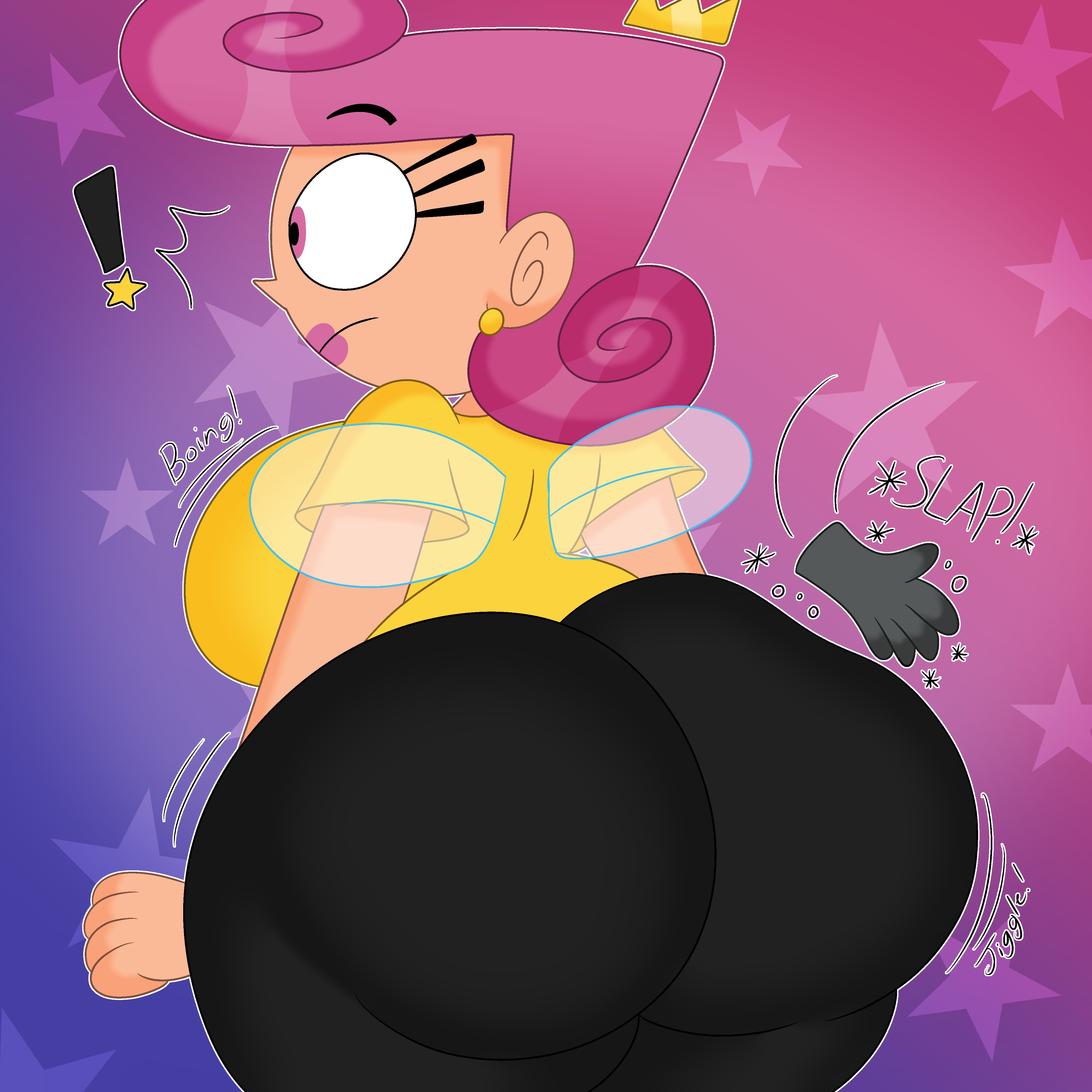 !, 1girls, 3barts, ass, ass jiggle, ass slap, back view, big ass, breasts, child bearing hips, closed eyes, clothed, clothing, curvy, dialogue, disembodied hand, ear piercing, english text, fairy, fairy wings, female, huge ass, large breasts, lipstick, magic, magic wand, nickelodeon, pink hair, pink lipstick, speech bubble, straight hair, text, the fairly oddparents, thick thighs, wanda, wide eyed, wide hips