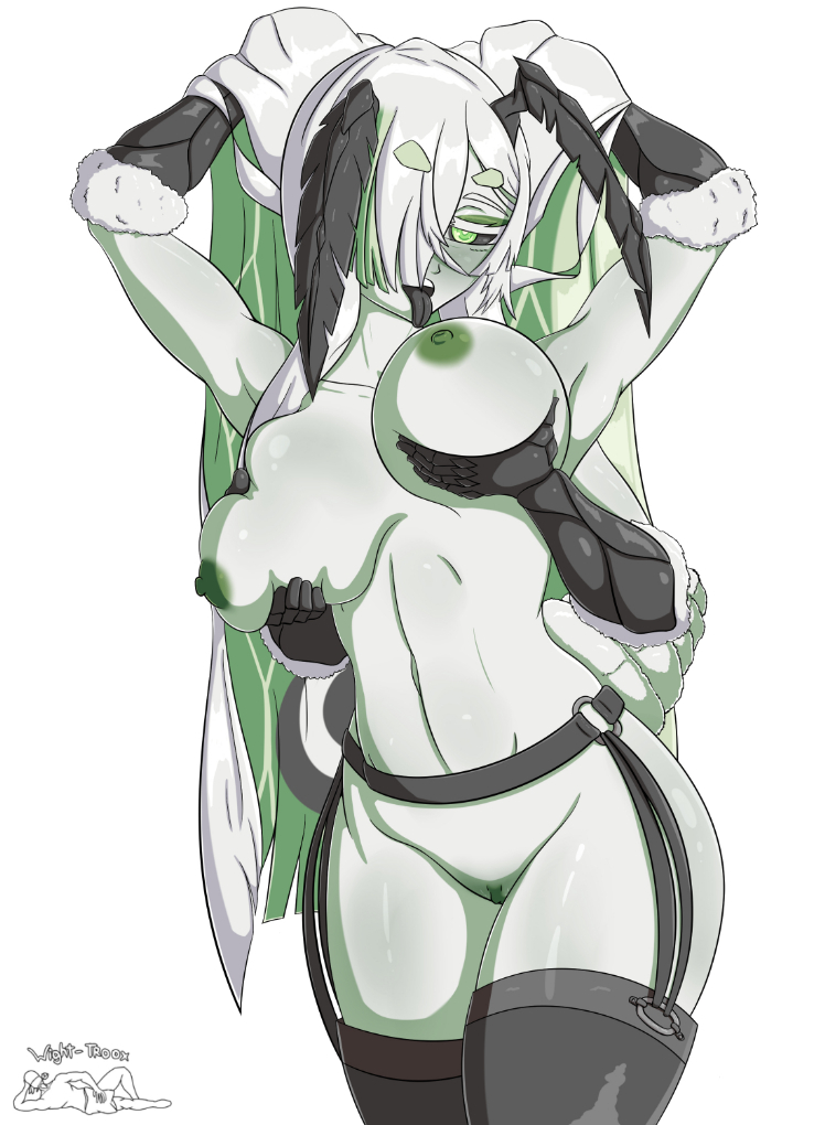 1girls, 4 arms, antennae, black sclera, breasts, female, garter belt, green eyes, green hair, green skin, hair over one eye, horny, indie virtual youtuber, insect girl, insect wings, juniper (egocider), juniper actias, large breasts, licking, licking own breast, licking self, monster girl, moth, moth girl, multi arm, multi limb, nude, pose, provocative, smile, thighhighs, two-tone hair, virtual youtuber, white hair, wight-troox