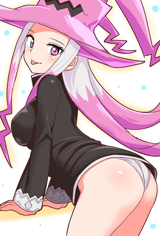 1girls ass blush cougar1404 dat_ass dragon dragon_marked_for_death inti_creates large_breasts long_hair looking_at_viewer pale_skin panties pantyshot pink_eyes pink_scales smile thick_thighs white_hair witch witch_(dmfd) witch_hat