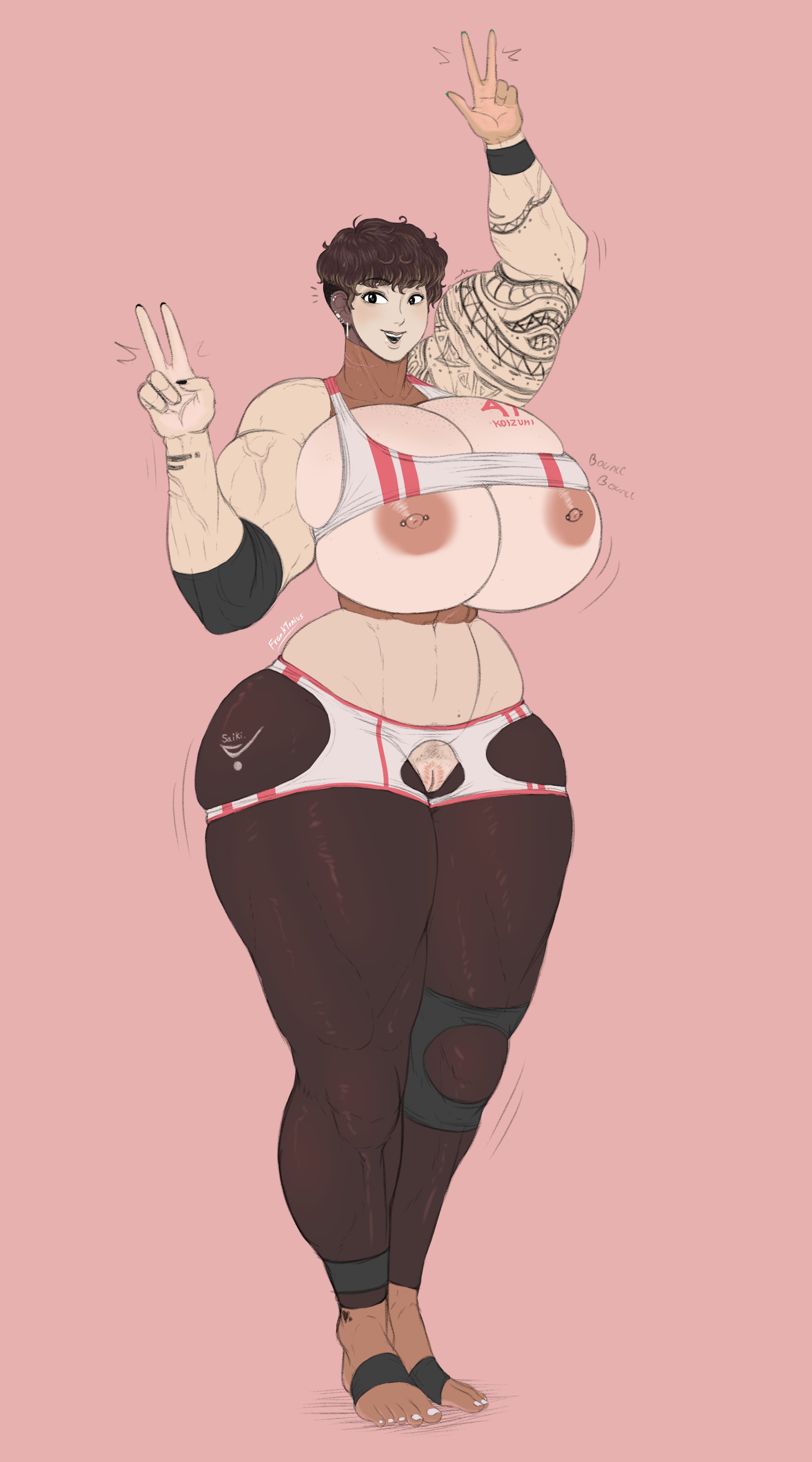 1girls, absurdres, areolae, breasts, female, female only, franktonius, highres, huge breasts, multicolored skin, muscles, muscular, muscular female, nipple piercing, nipples, piercing, pubic hair, pussy, skin tone mismatch, solo, thick thighs, wide hips