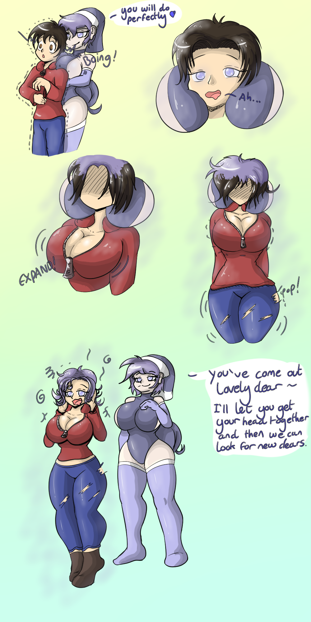 ass, ass expansion, bimbo, bimbofication, brainwashing, breast expansion, breast growth, breast growth (enlargement), breasts, corruption, female, identity death, large ass, large breasts, quickcast, ripped clothing, thick thighs, transformation, wide hips