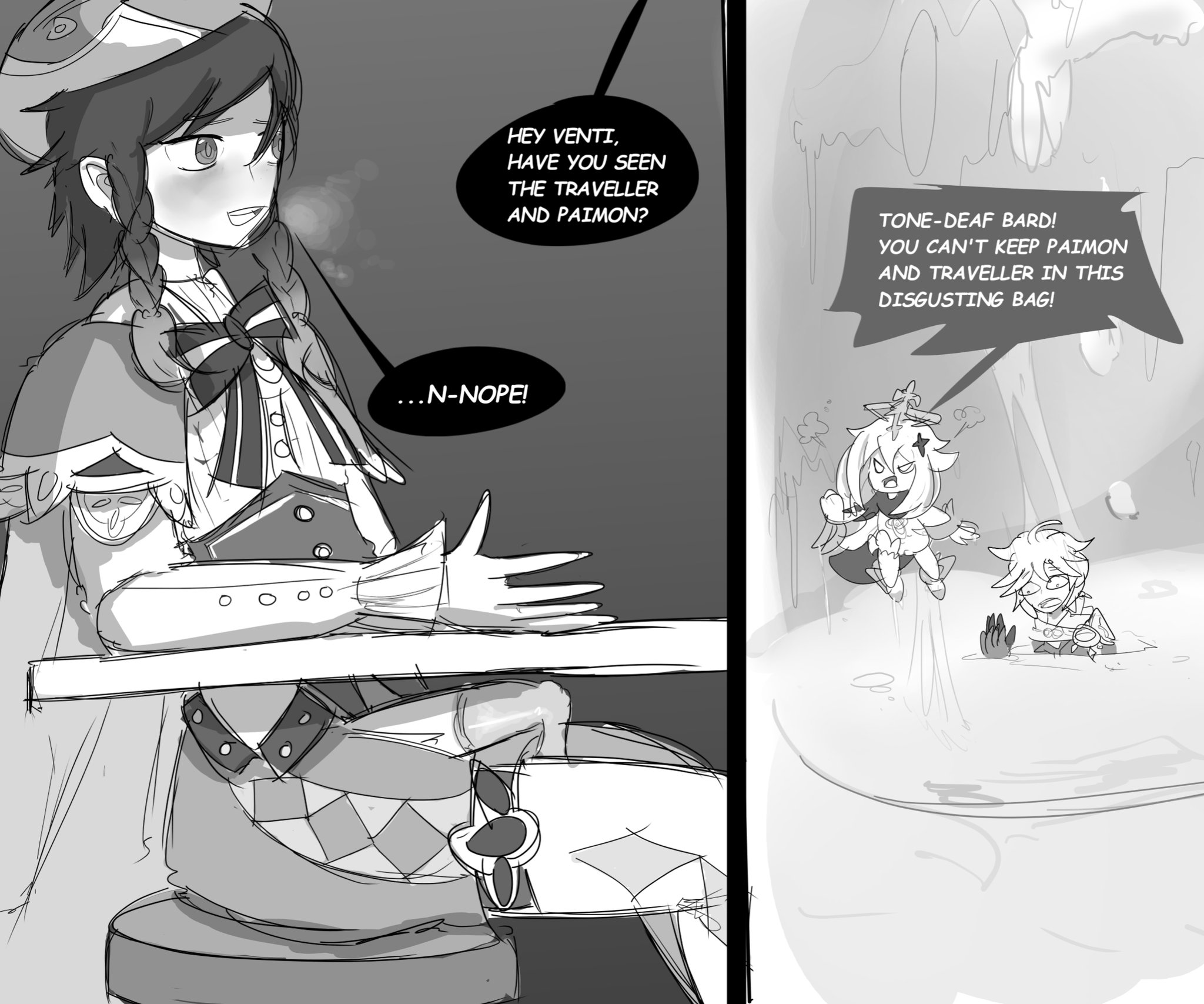 1girls, 2boys, aether (genshin impact), artist request, clothing, condom, condom on penis, cum, english text, erect penis, erection, female, femboy, genshin impact, giant, giant femboy, giant male, macro, male, male focus, micro, monochrome, paimon (genshin impact), penis, shrunk, size difference, tagme, text, trap, trapped, trapped in condom, venti (genshin impact), yaoi