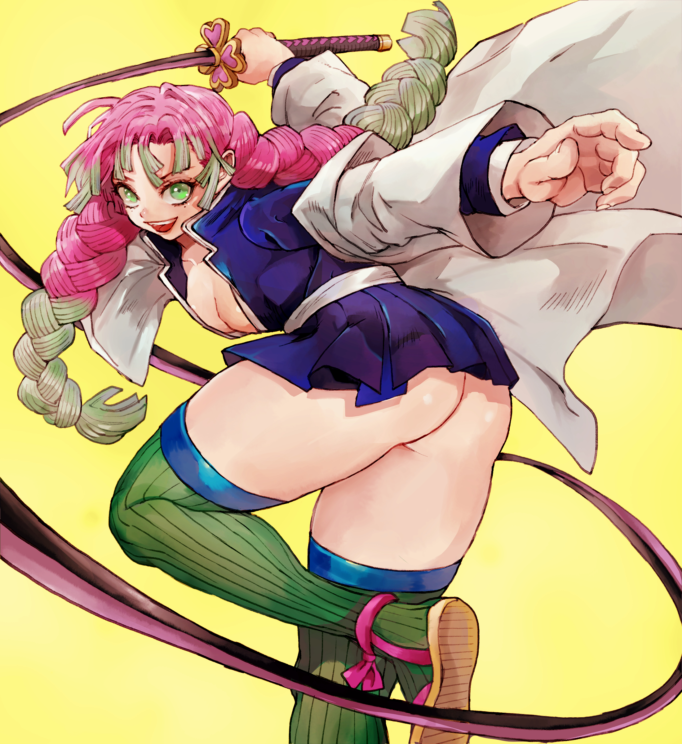 1girls, action pose, ass, braided hair, bubble ass, bubble butt, cleavage, demon slayer, female, female only, green eyes, haori, kanroji mitsuri, kimetsu no yaiba, long hair, long sleeves, looking at viewer, looking back, miniskirt, mole under eye, no bra, no panties, open mouth, open shirt, pink hair, pink-haired female, pleated skirt, smile, solo, sword, thick thighs, thighhighs, two-tone hair, uniform, upskirt, yellow background