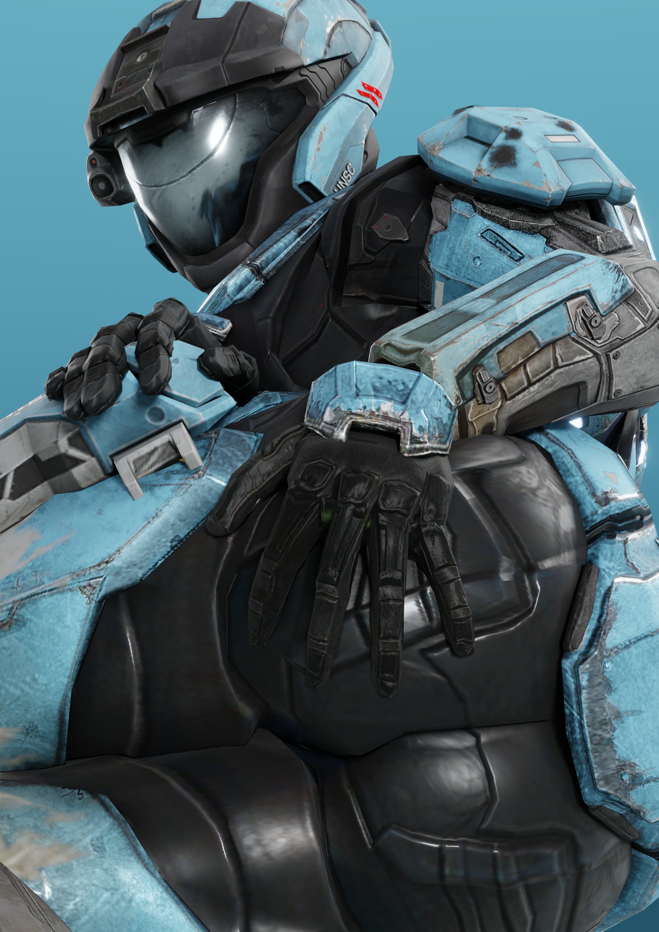 1girls, 3d, amputee, armor, ass, ass focus, big ass, blue background, female, female only, female spartan (halo), halo (series), hand on ass, helmet, human, human only, kat-b320, llamasarepink, presenting hindquarters, solo, spartan (halo), spartan iii (halo)