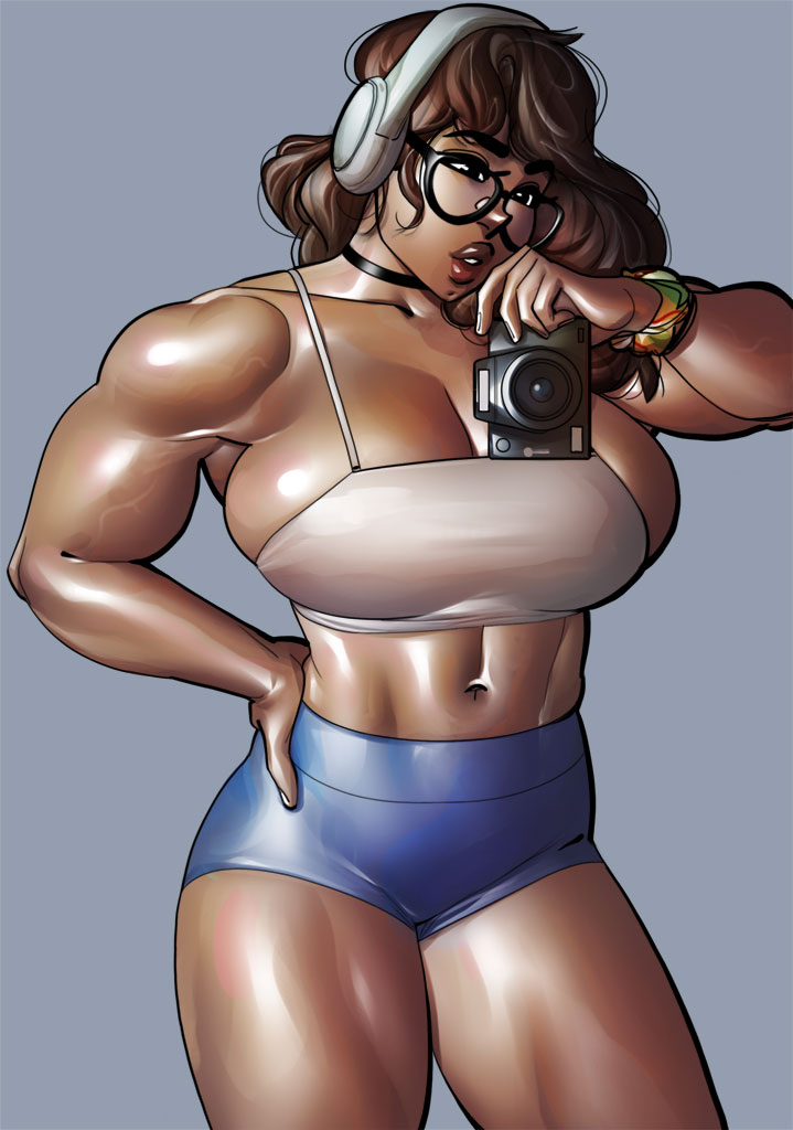 1girls athletic athletic_female big_breasts brown_hair camera choker clothed clothing female female_focus female_only glasses headphones huge_breasts long_hair muscular muscular_female ph selfie voluptuous voluptuous_female