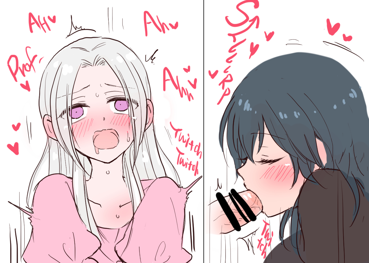 1futa, 1girls, 2koma, areolae, blowjob, blush, byleth (fire emblem), byleth (fire emblem) (female), censored, closed eyes, clothed, clothing, dialogue, drooling, duo, edelgard von hresvelg, english text, erection, fellatio, female, fire emblem, fire emblem: three houses, fully clothed, futa on female, futanari, human, intersex, light skin, light-skinned female, light-skinned futa, long hair, medium hair, mostly clothed, nagasawa (tthnhk), nintendo, open mouth, oral, penis, purple eyes, sex, sound effects, teacher, teacher and student, teal hair, text, upper body, white hair