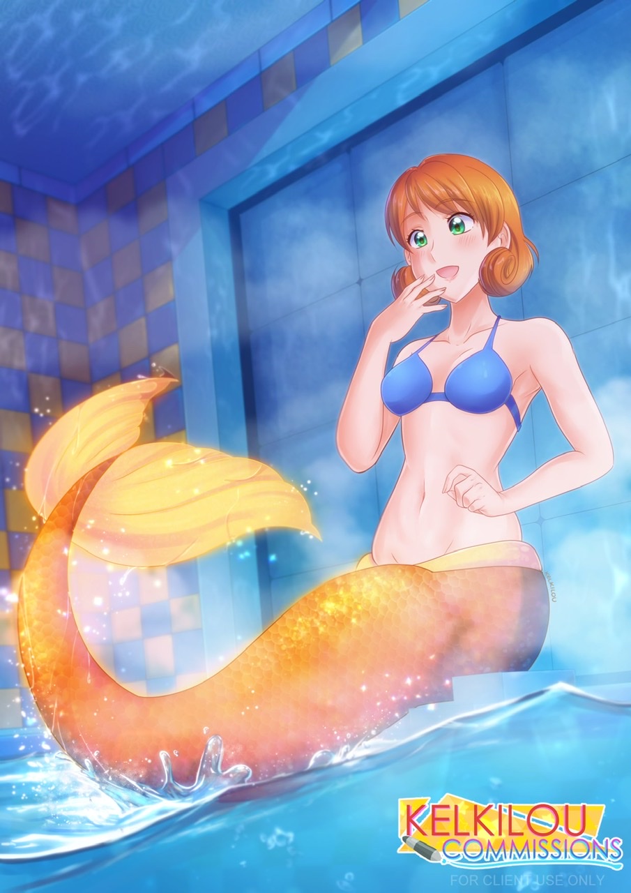 after transformation, female, jpeg, merfolk, mermaid, orange tail, penny (stardew valley), post-transformation, smile, stardew valley, transformation, water, yellow tail