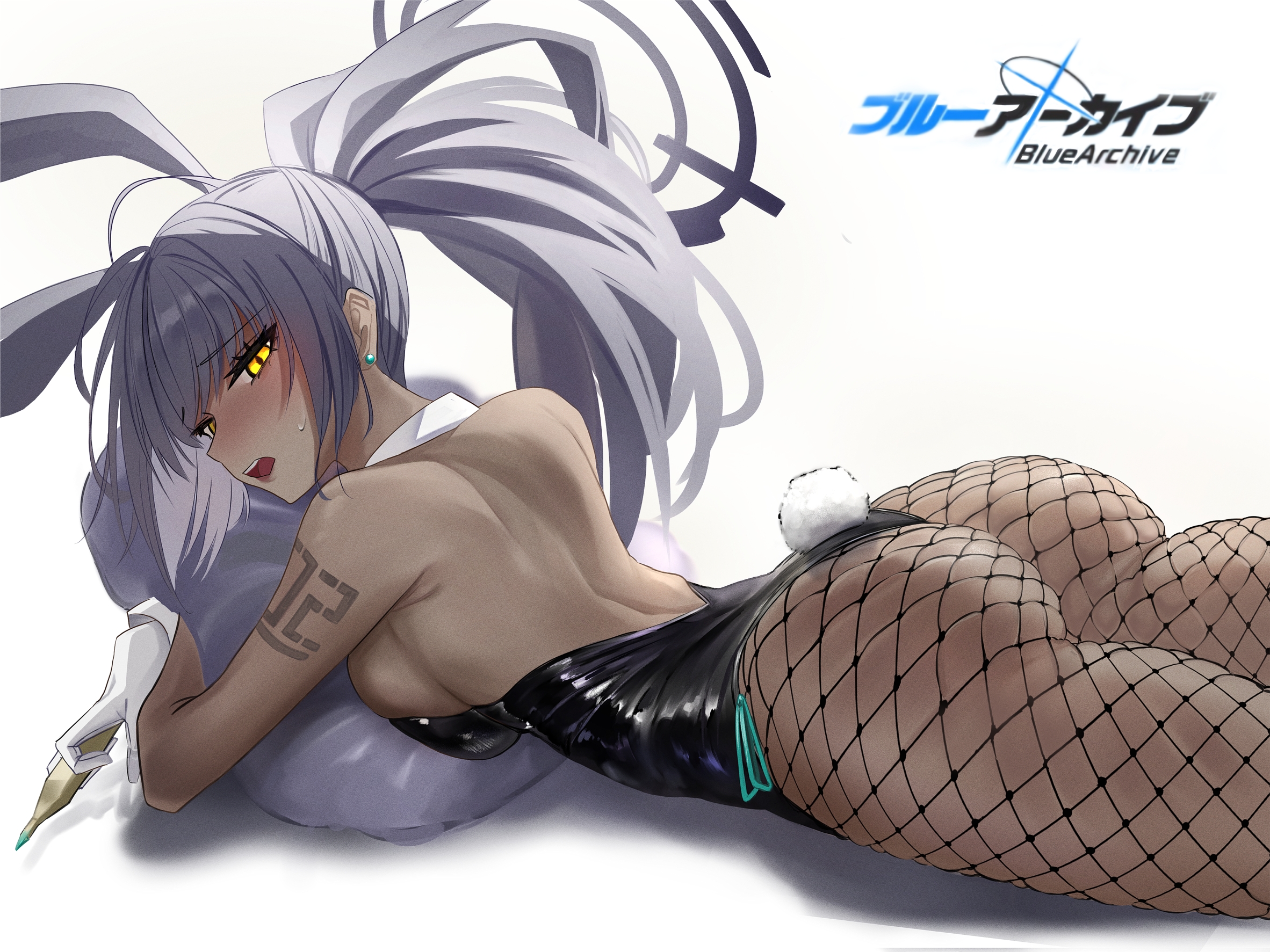1girls, 2021, animal ears, ass, ass focus, backless leotard, bangs, bare shoulders, black hair, black legwear, black leotard, blue archive, blush, breast press, breasts, bunny ears, bunny tail, cleaning & clearing (blue archive), copyright name, dark skin, dark-skinned female, e mook9, earrings, eyebrows visible through hair, fake animal ears, fake tail, female, female focus, female only, fishnet legwear, fishnets, from side, gloves, halo, high heels, highres, jewelry, karin (blue archive), karin (bunny) (blue archive), large breasts, leotard, long hair, looking at viewer, looking to the side, lying, millennium science school student, mookie (e mook9), nose blush, number tattoo, object hug, on stomach, open mouth, pantyhose, pillow, pillow hug, playboy bunny, shoulder tattoo, sideboob, simple background, skindentation, solo, solo female, stud earrings, sweatdrop, tail, tattoo, very long hair, white background, white gloves, yellow eyes