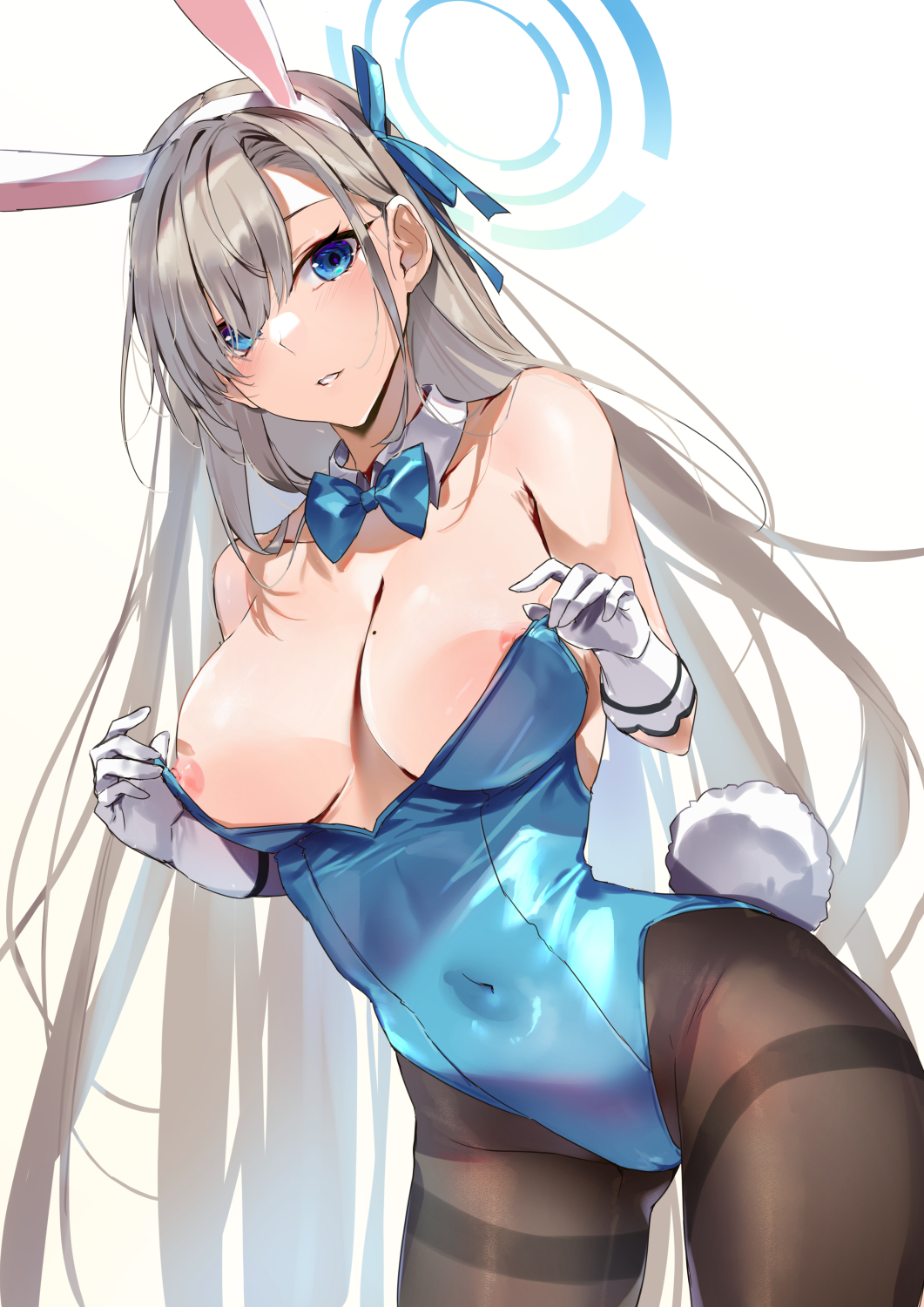 1girls 2021 animal_ears areola areola_slip asuna_(blue_archive) asuna_(bunny)_(blue_archive) bare_shoulders black_legwear blue_archive blue_bow blue_bowtie blue_eyes blue_ribbon bow bowtie breasts bunny_ears bunny_tail cleavage covered_navel detached_collar fake_animal_ears fake_tail female female_focus female_only gradient gradient_background grey_hair hair_over_one_eye hair_ribbon halo highres kasumi_komo large_breasts long_hair looking_at_viewer mole mole_on_breast nipple_slip nipples pantyhose playboy_bunny ribbon solo solo_female standing tail very_long_hair white_background