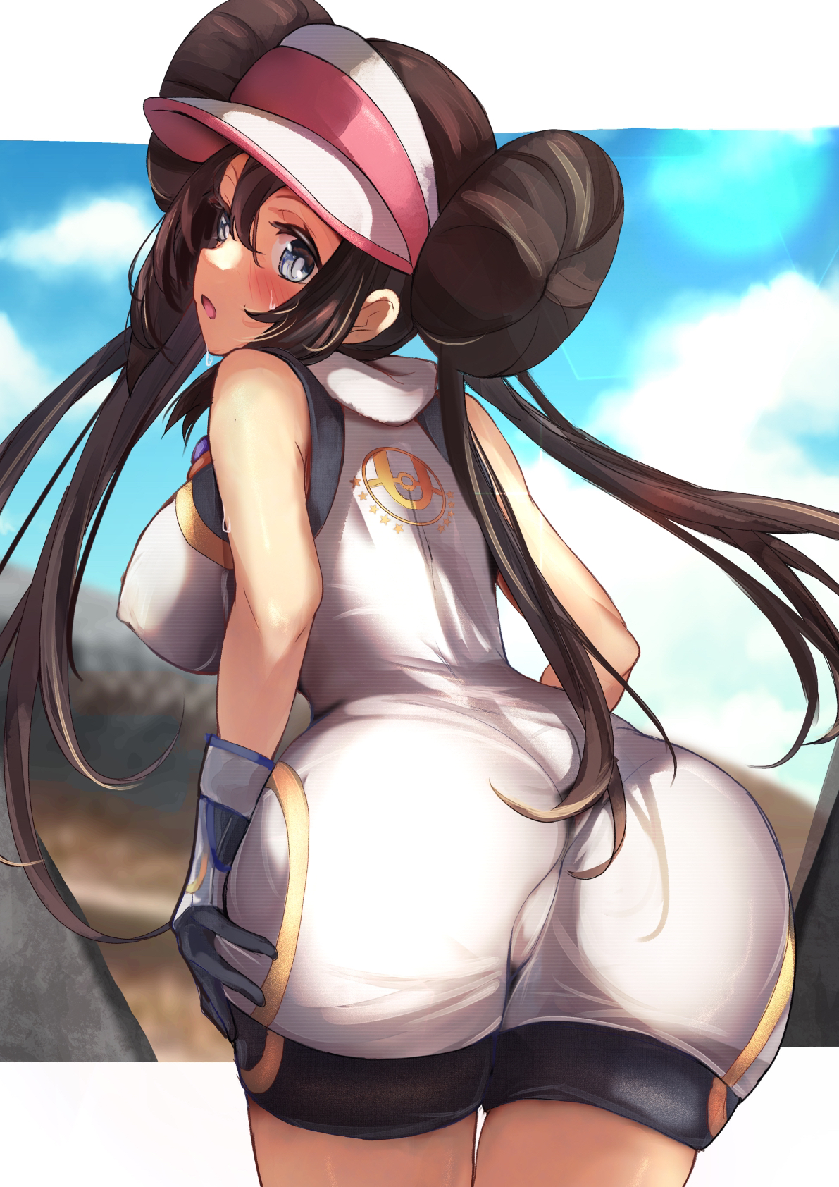 1girls, 2021, ass, ass focus, ass shot, back, back view, backboob, bare legs, blue eyes, blush, breasts, brown hair, bubble ass, bubble butt, clothed, clothed female, female, female focus, female only, hat, huge breasts, kobiemon, large ass, leaning forward, long hair, looking at viewer, looking back, nintendo, outdoors, pokemon, pokemon bw2, rosa (pokemon), sideboob, sportswear, standing, sweatdrop, thick thighs, thighs, twin buns, twintails, visor, visor cap, white hat