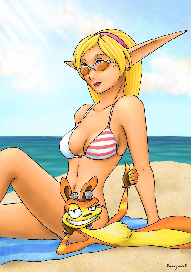 1boy 1boy1girl 1girls anthro bare_arms bare_legs bare_midriff bare_shoulders bare_thighs beach big_breasts bikini bikini_top blonde_hair breasts cleavage collarbone curvaceous curvy curvy_body curvy_female curvy_figure curvy_hips daxter female female_focus furry goggles goggles_on_head hairband hips jak_and_daxter large_breasts long_ears looking_over_eyewear looking_over_glasses looking_over_sunglasses lounging male ocean orange-tinted_eyewear pointy_ears sand sea sunglasses tagme tess_(human;_jak_and_daxter) tess_(jak_and_daxter) thumbs_up tinted_eyewear water white_breasts wide_hips